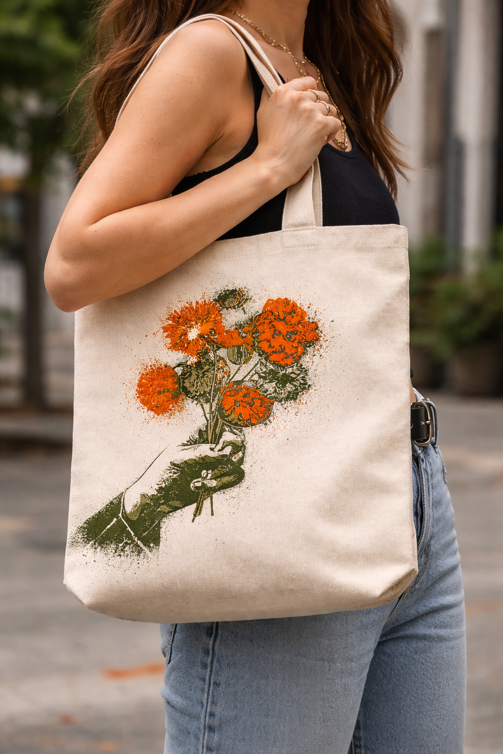 Artisan Spray Paint Floral Tote Bag - Canvas Olive & Orange (2).png