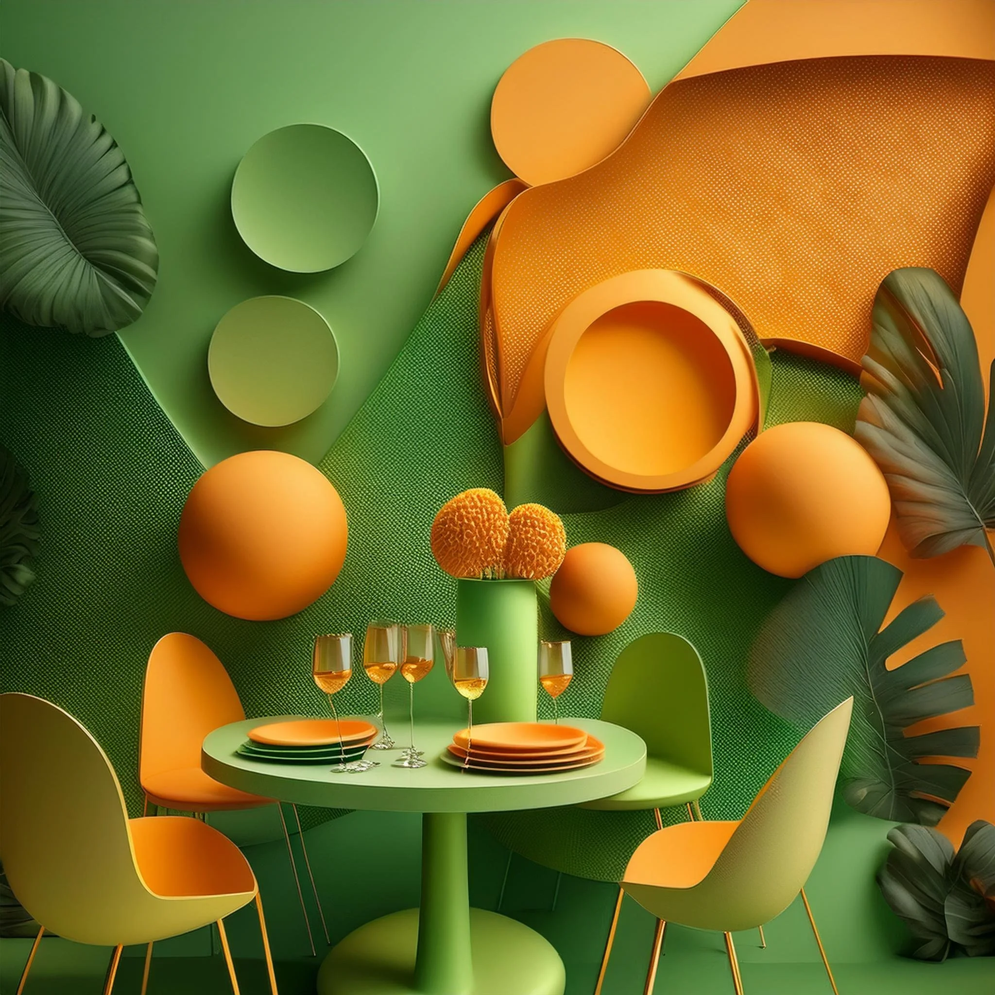Colorful modern dining scene with a green round table, four yellow and green chairs, a green vase with orange flowers, and orange and green geometric wall decorations, including large spheres, leaves, and abstract shapes.