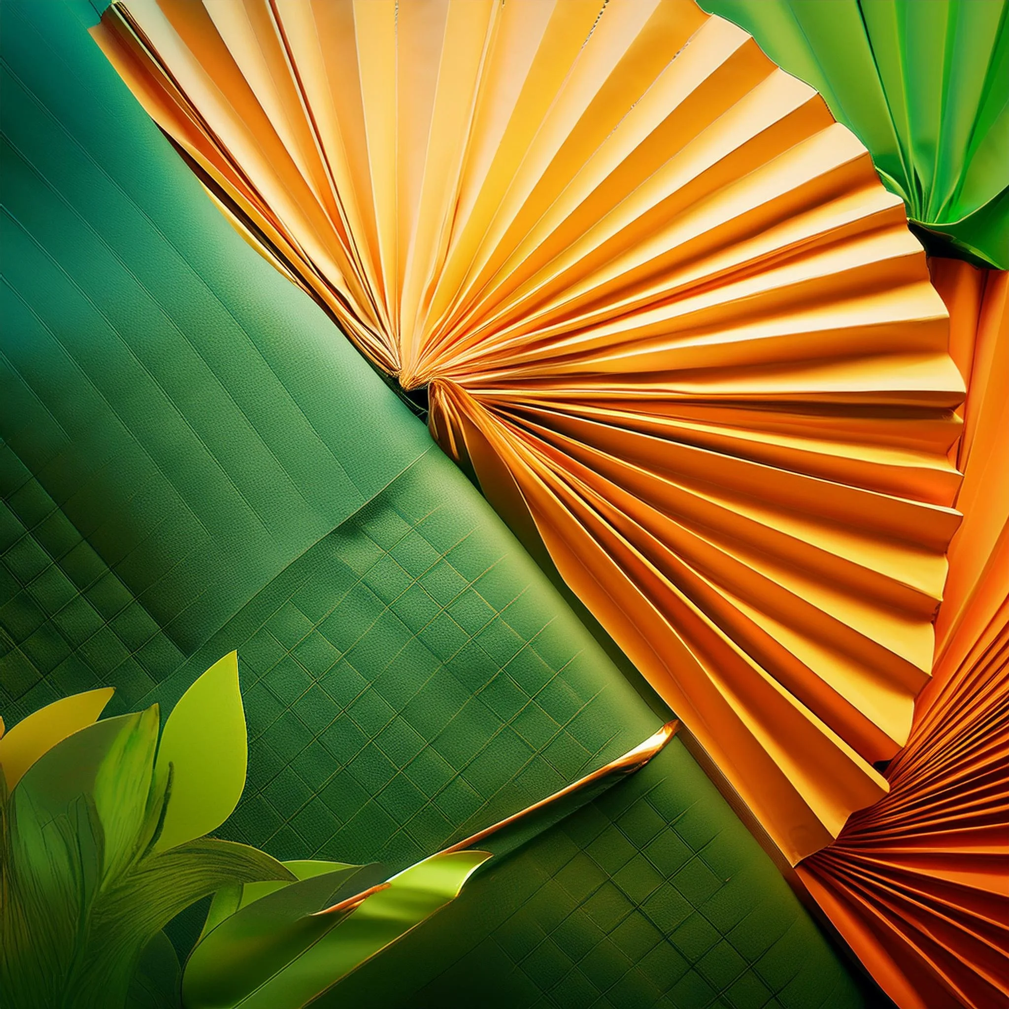 Close-up of open orange and yellow paper fans, and green leaves, creating an abstract colorful mood board.