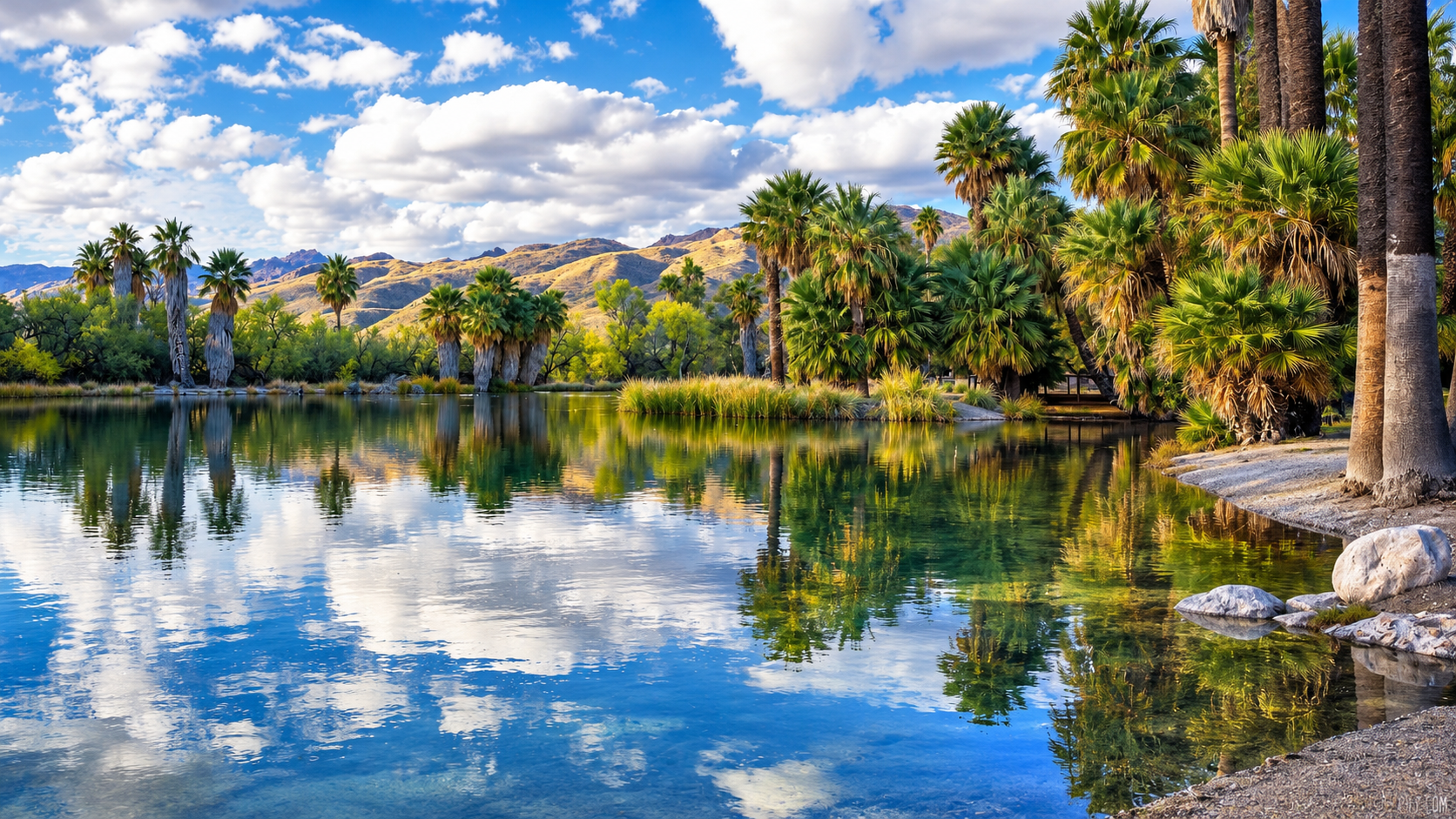 Historic palm trees natural warm spring pond and bird watching walking trails at Agua Caliente Park in Marana Oro Valley Tucson Arizona