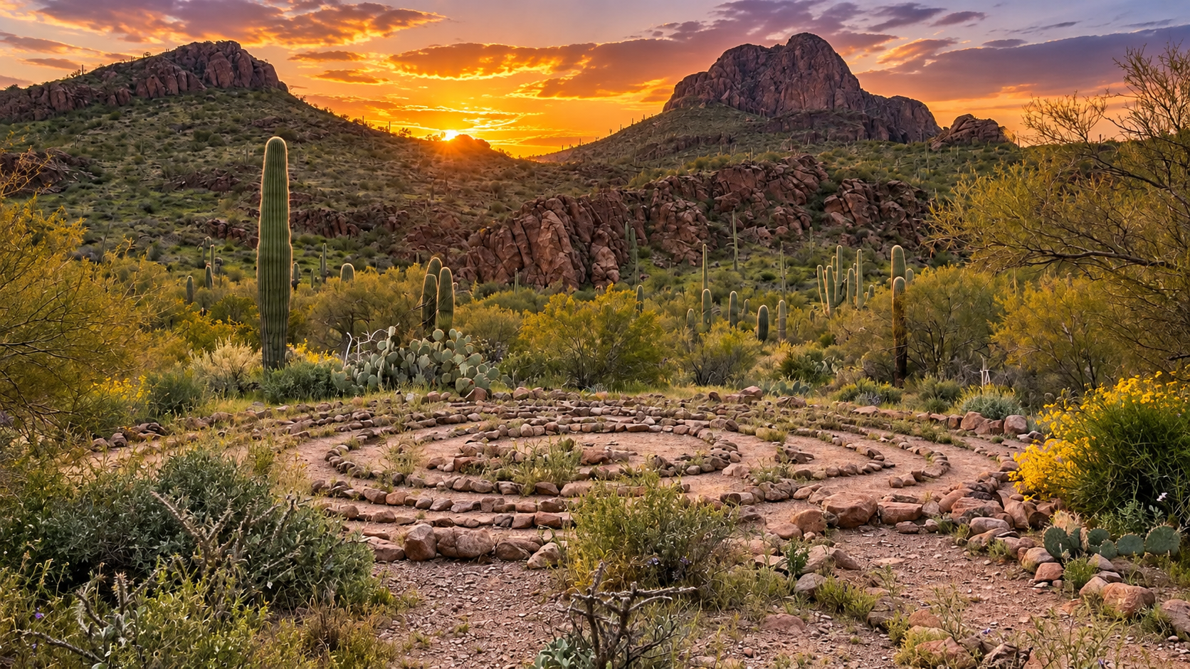 Desert walking trails rock labyrinth historic chapel and mountain views at Sanctuary Cove in Marana Oro Valley Tucson Arizona