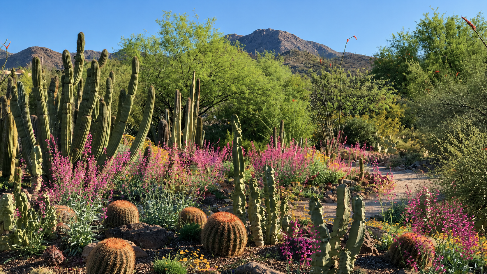 Arizona-Sonora Desert Museum walking trail with native saguaro cacti and desert wildlife