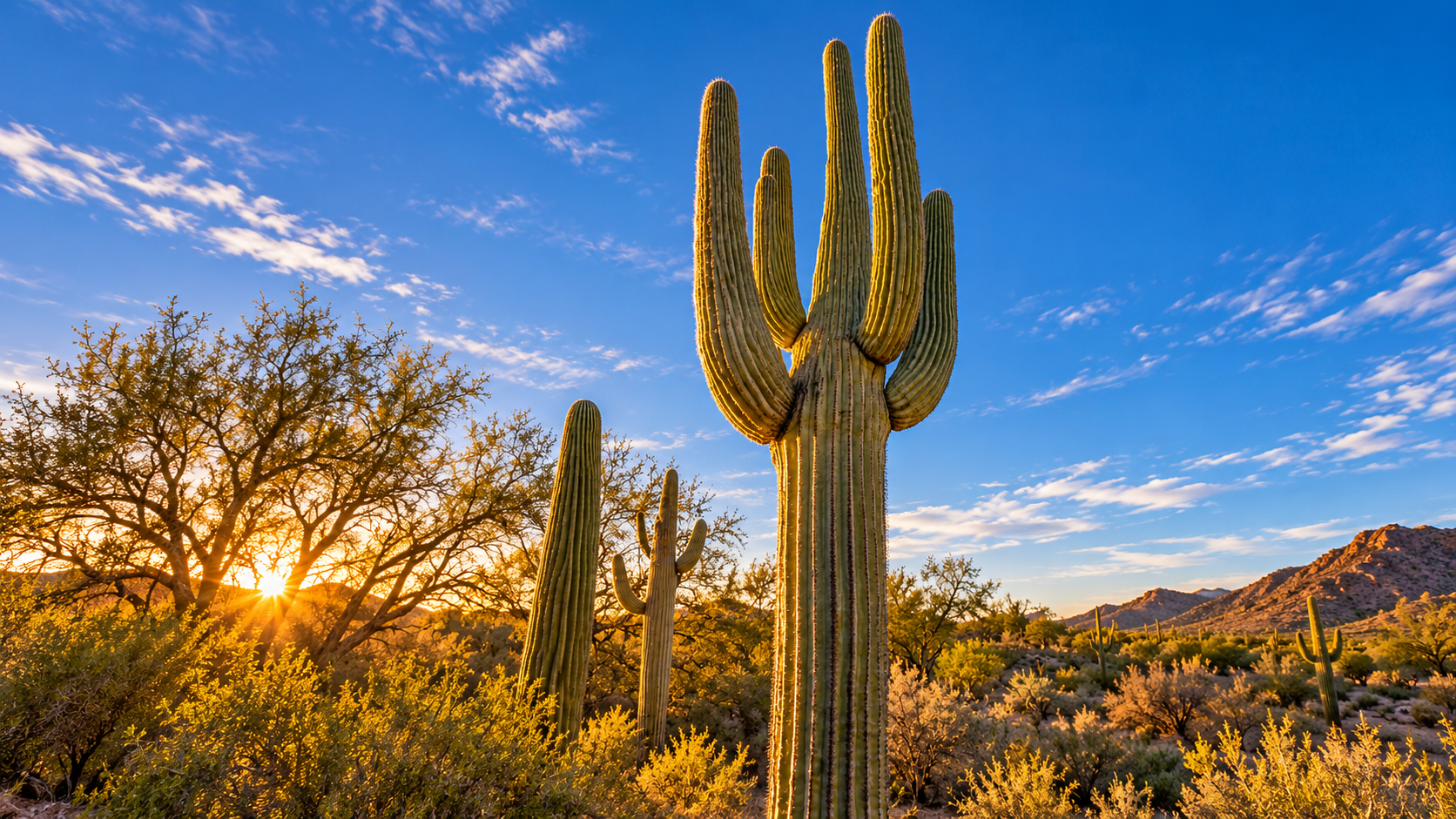 Mature multi-armed saguaro cactus showing long lifespan in Arizona Sonoran Desert landscape