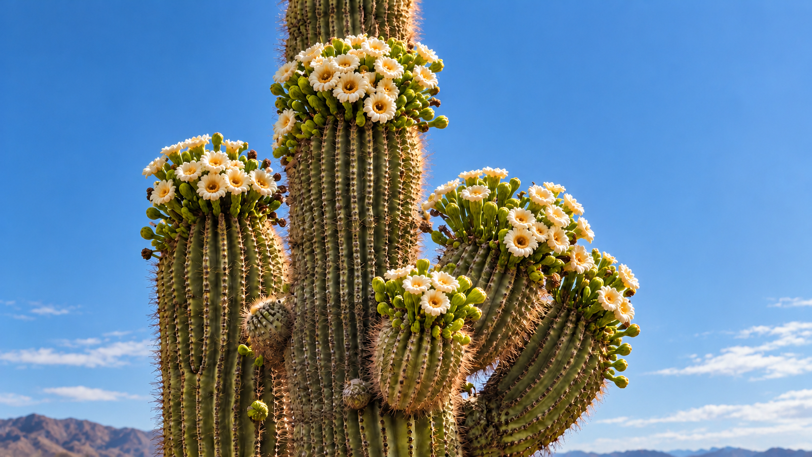 Arizona state flower white saguaro blossom blooming in the Sonoran Desert