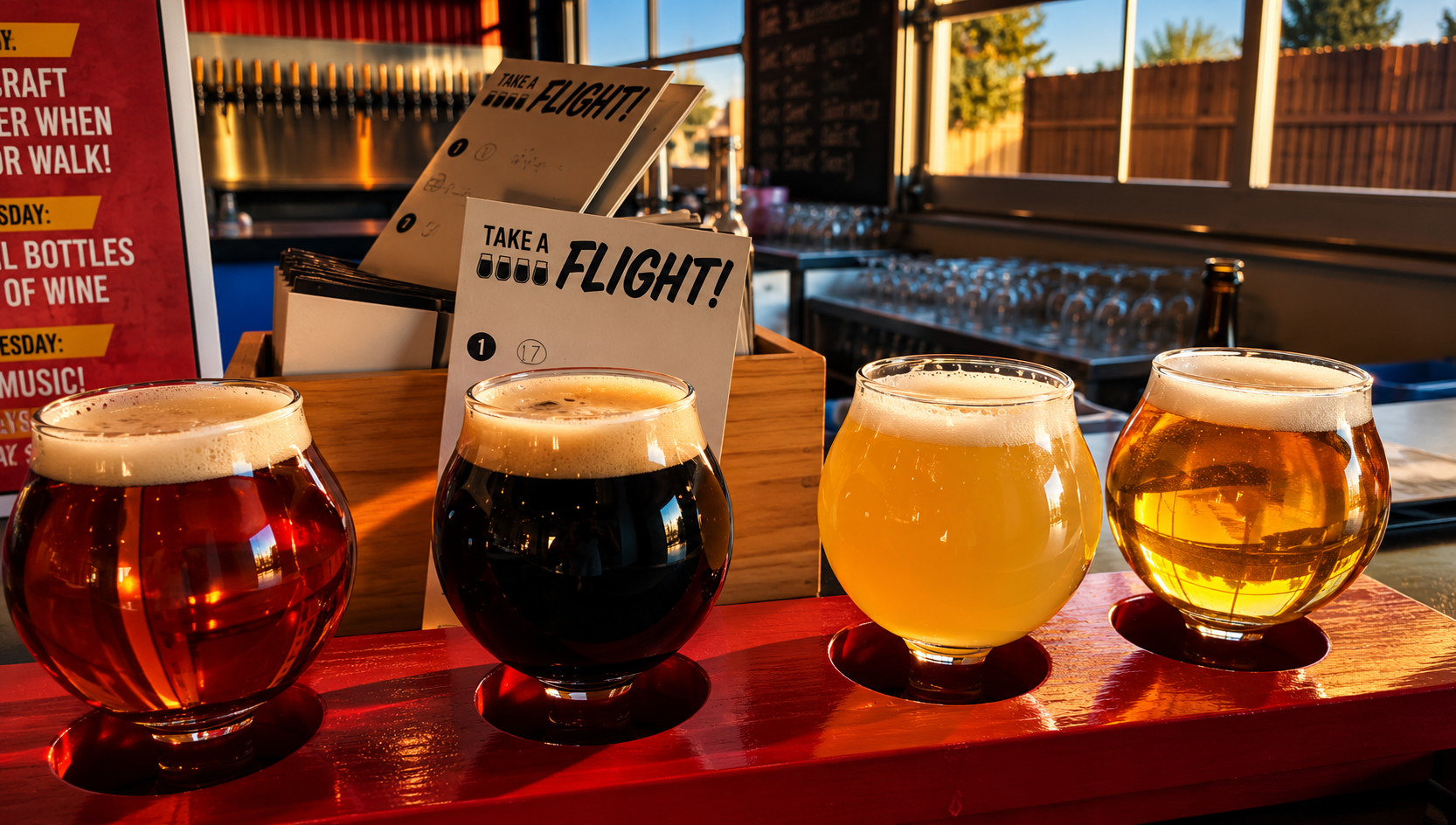 Craft beer tap wall and patio seating at Tap and Bottle North in Oro Valley Tucson