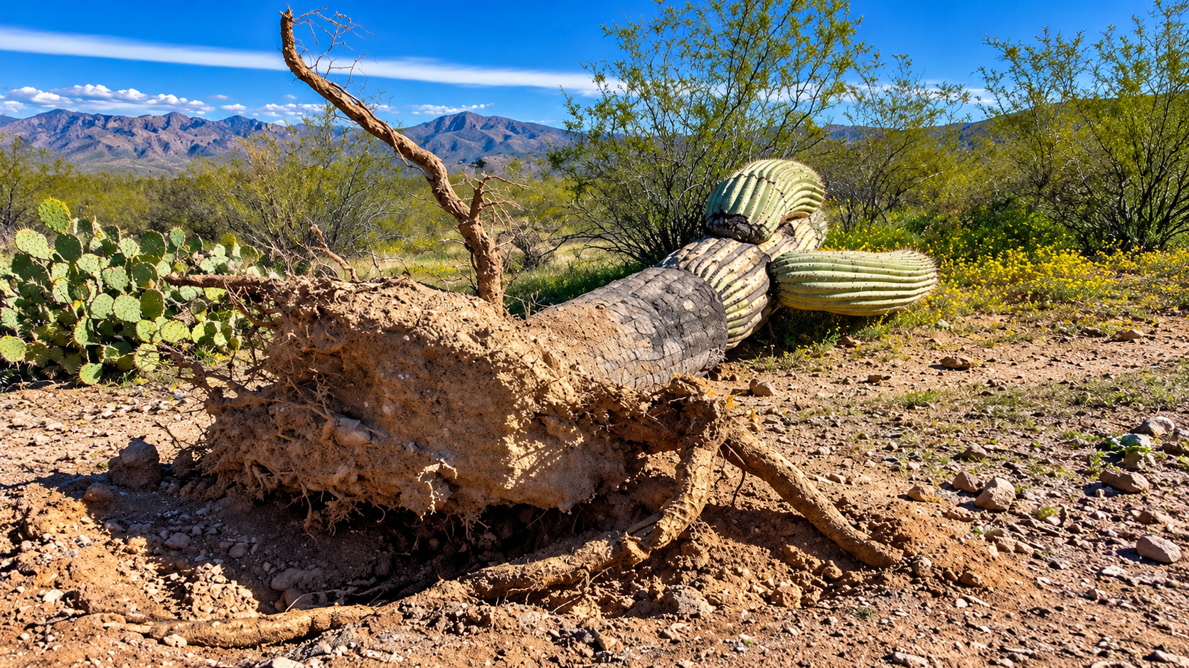 Shallow root system network of a tall saguaro cactus in the Sonoran Desert