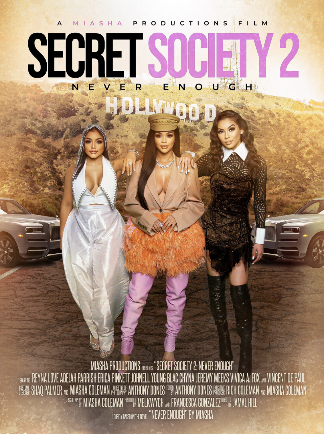 Movie poster for Secret Society 2: Never Enough featuring three women in fashionable clothing, two luxury cars, and the Hollywood sign in the background.