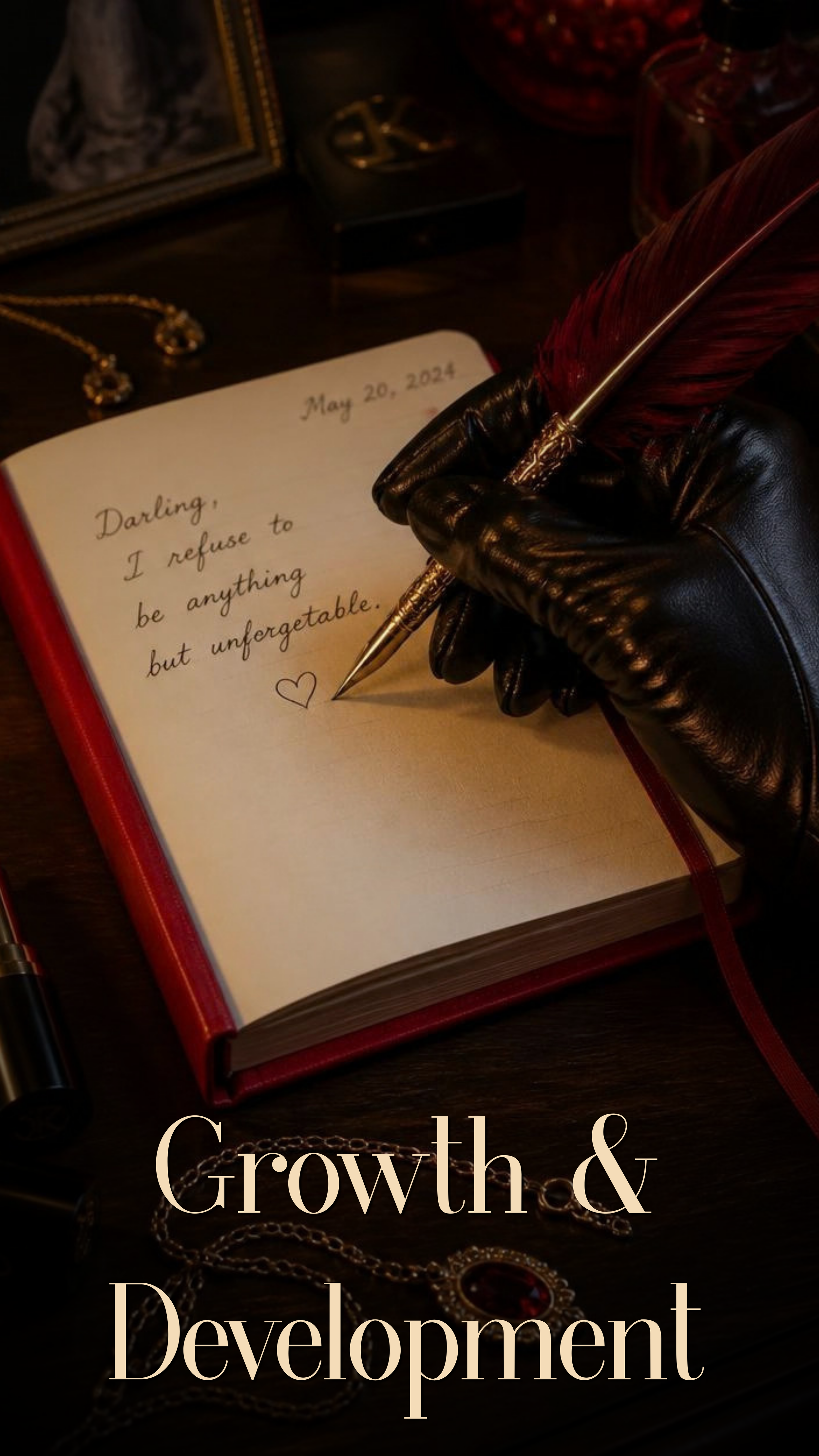Open journal with a handwritten message reading, "Darling, I refuse to be anything but unforgettable," dated May 20, 2024. A black leather glove grips a decorative quill pen. Various jewelry items, including a gold chain and a ring, are scattered nearby on a dark surface, with a blurred photo frame and decorative items in the background. Overlay text reads "Growth & Development."