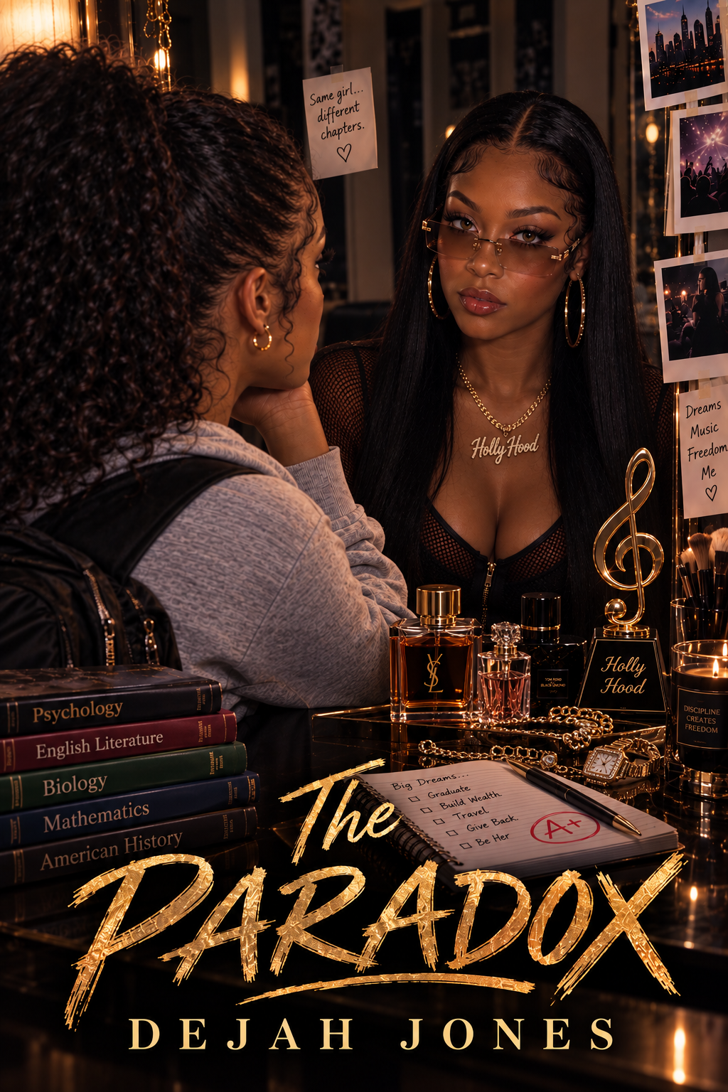 Two women having a serious conversation at a bookstore or library, with books, perfume bottles, jewelry, and framed photos around them, including a notebook with checked boxes and an 'A+' grade. The cover text indicates the book is titled 'The Paradox' by Dejah Jones.
