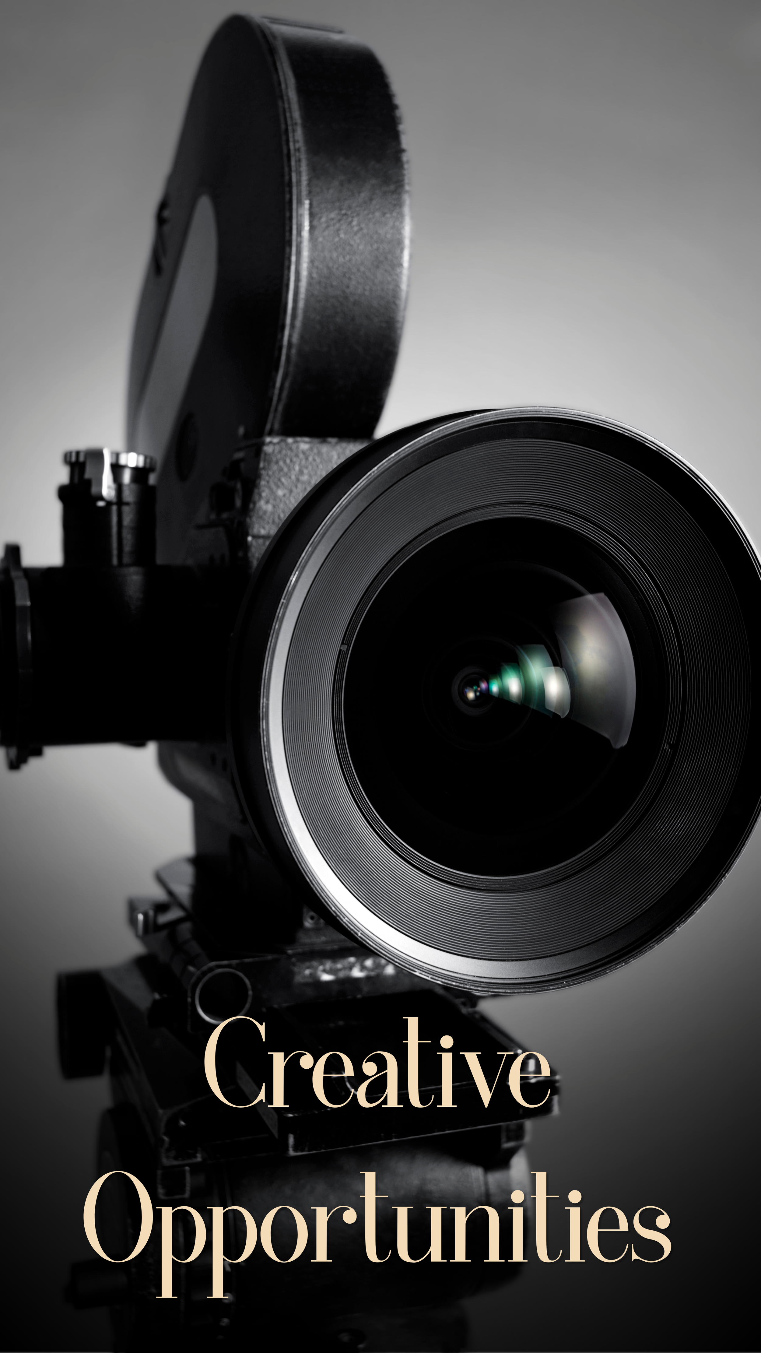 A black and white microscope with the words 'Creative Opportunities' written in beige font overlaying the lower part of the image.