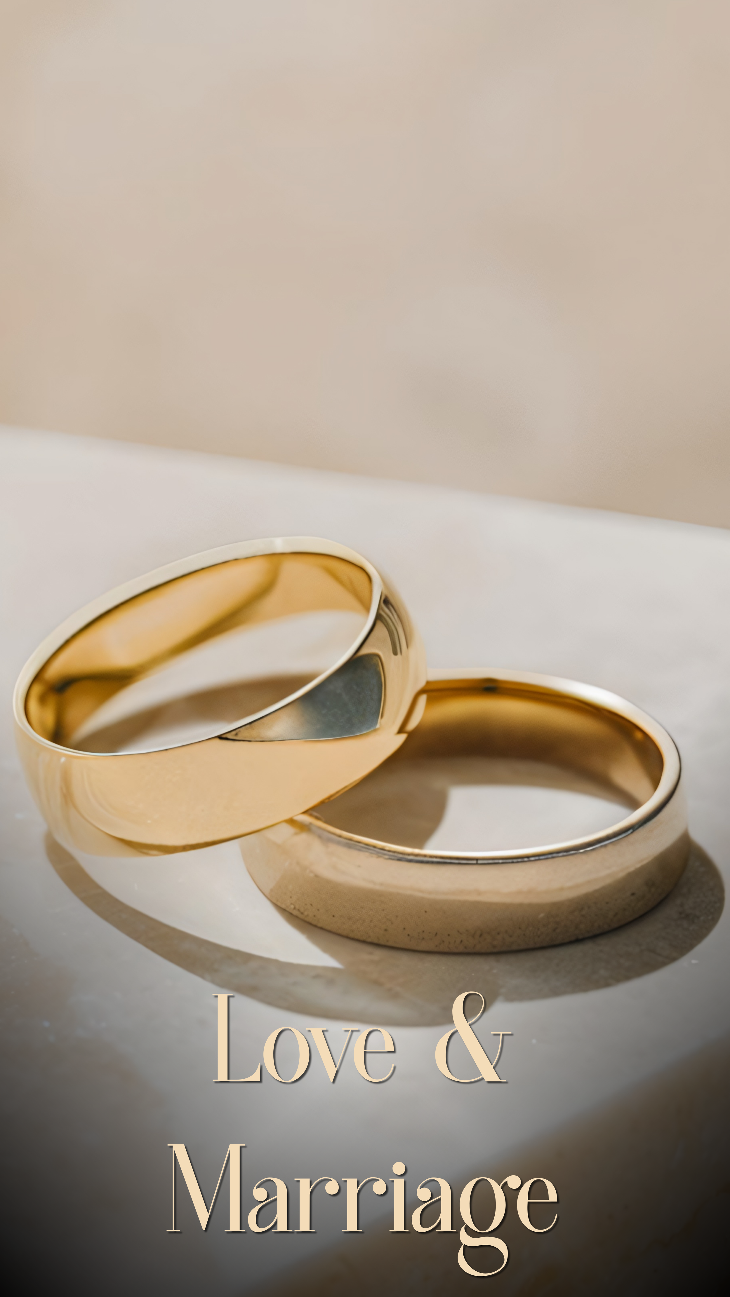 Two gold wedding rings placed on a white surface with soft lighting, with the words "Love & Marriage" written at the bottom of the image.