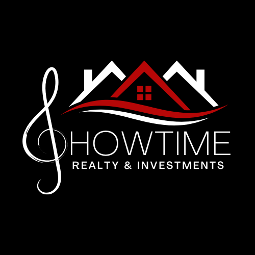 Showtime Realty & Investments logo featuring stylized houses and a treble clef, black background.
