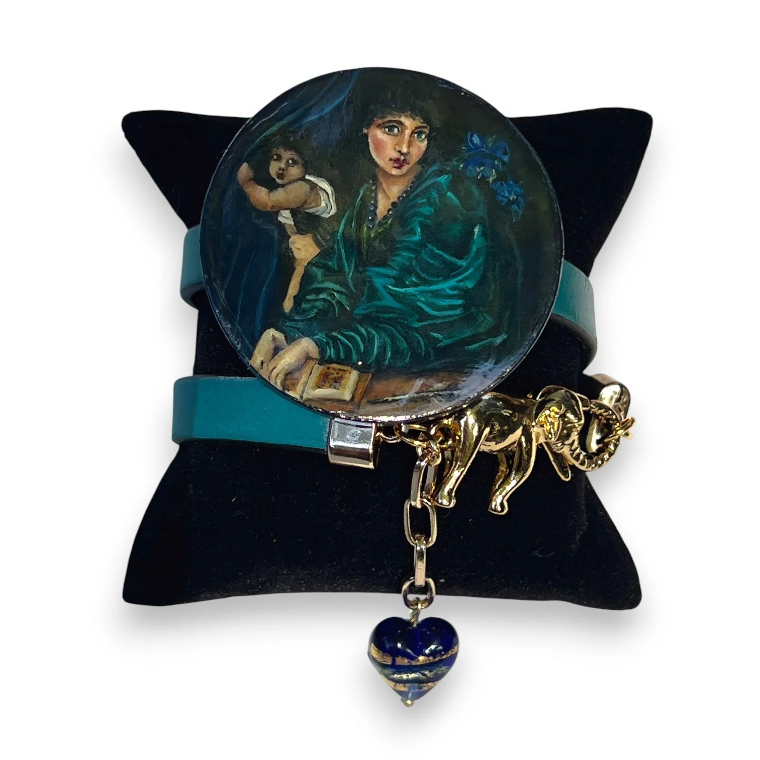 hand-painted wood pendant of woman and an angel in blue and green by marina bulla