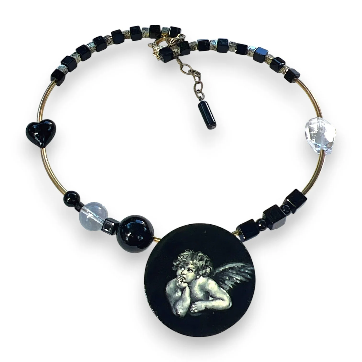 hand-painted pendant choker necklace with Raphael's Angel in black tones by marina bulla
