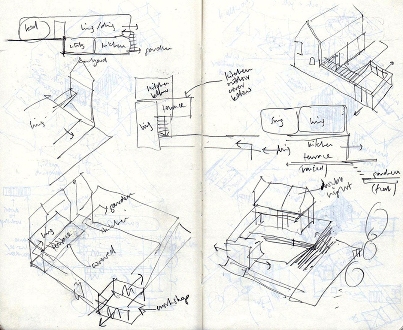 Concept sketch illustrating the interlocking volumes and landscape-led design approach of The Calm Hill residence.