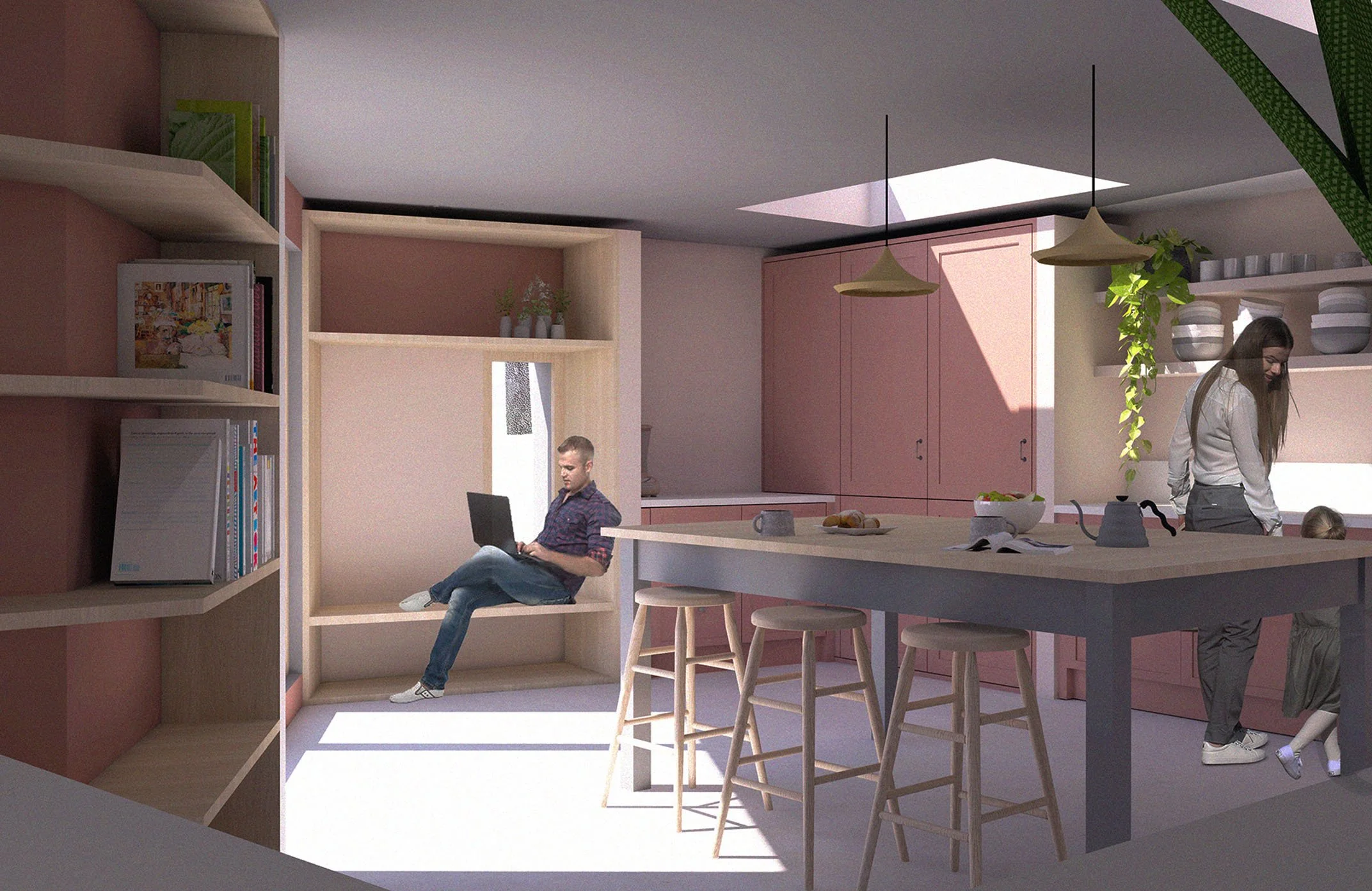 Open-plan kitchen and dining space within The Hudnalls extension, featuring natural materials, generous daylight, and framed views toward the Wye Valley landscape.