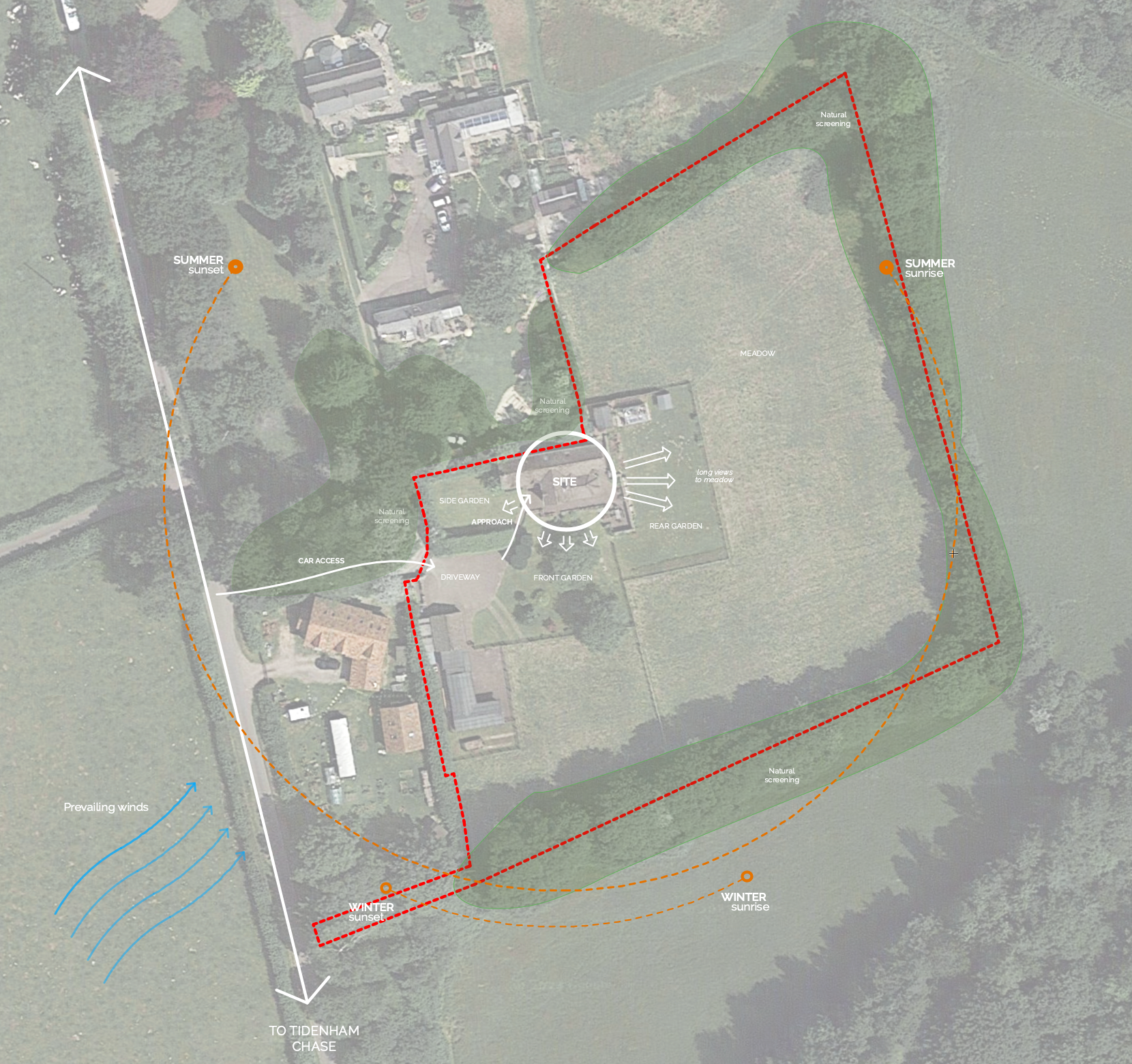 Digital observational sketch drawn over an aerial photograph, illustrating The Jasmine Cottage site context, surrounding Wye Valley landscape, and key spatial relationships within the rural setting.