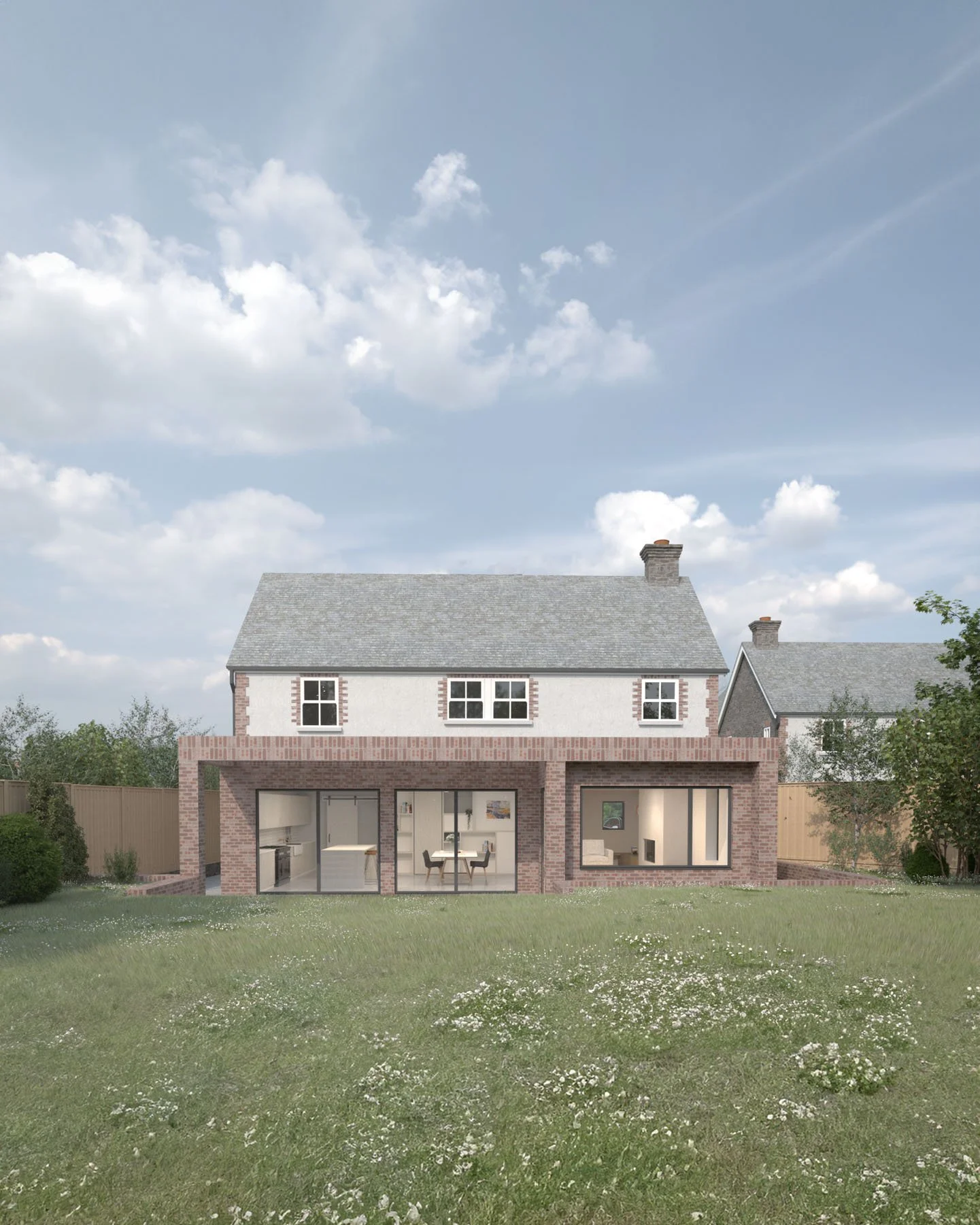 Garden-facing view of the brick extension with full-height glazing and seamless connection to the outdoor terrace.
