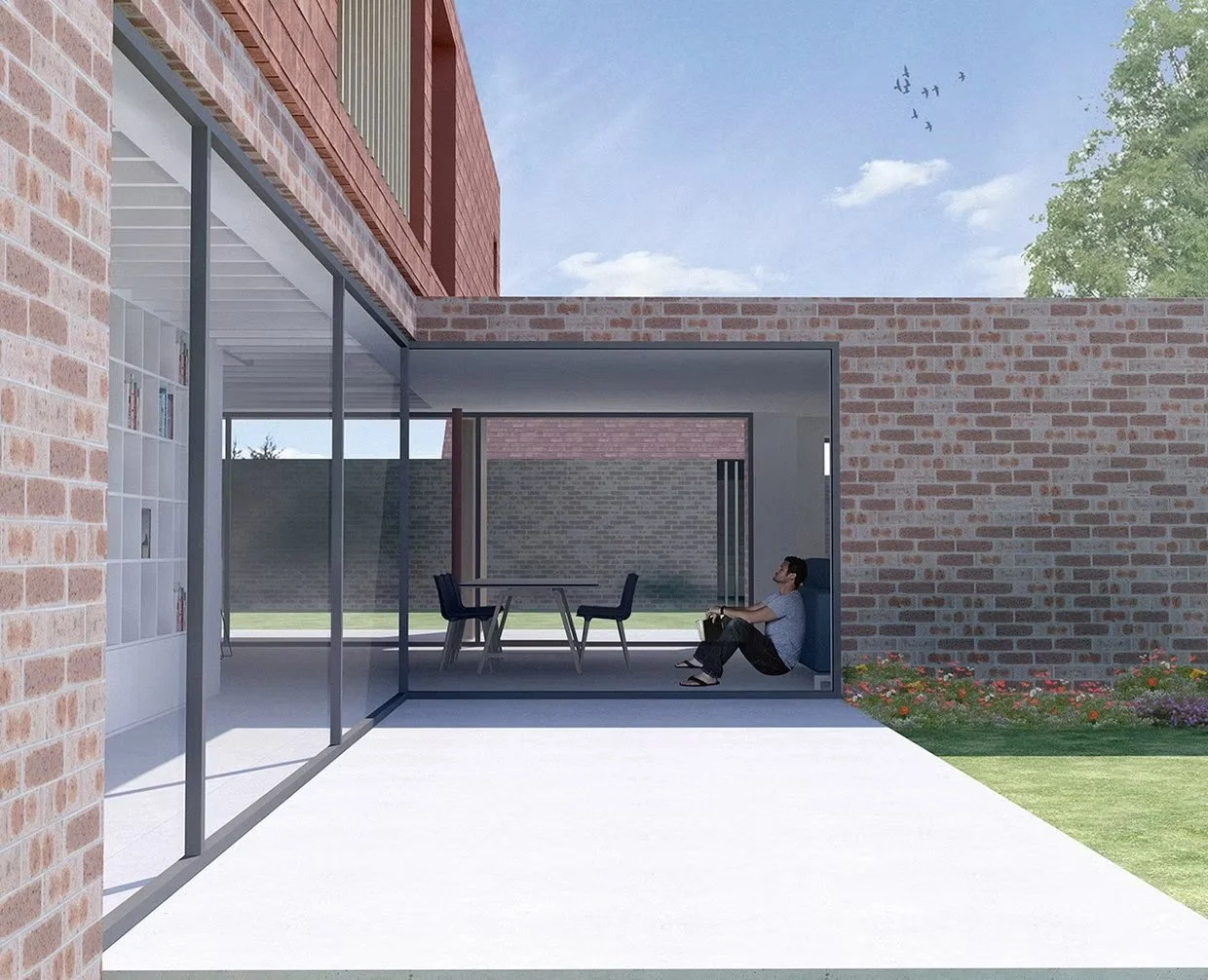 L-shaped contemporary house embracing the private garden and creating sheltered outdoor living spaces.