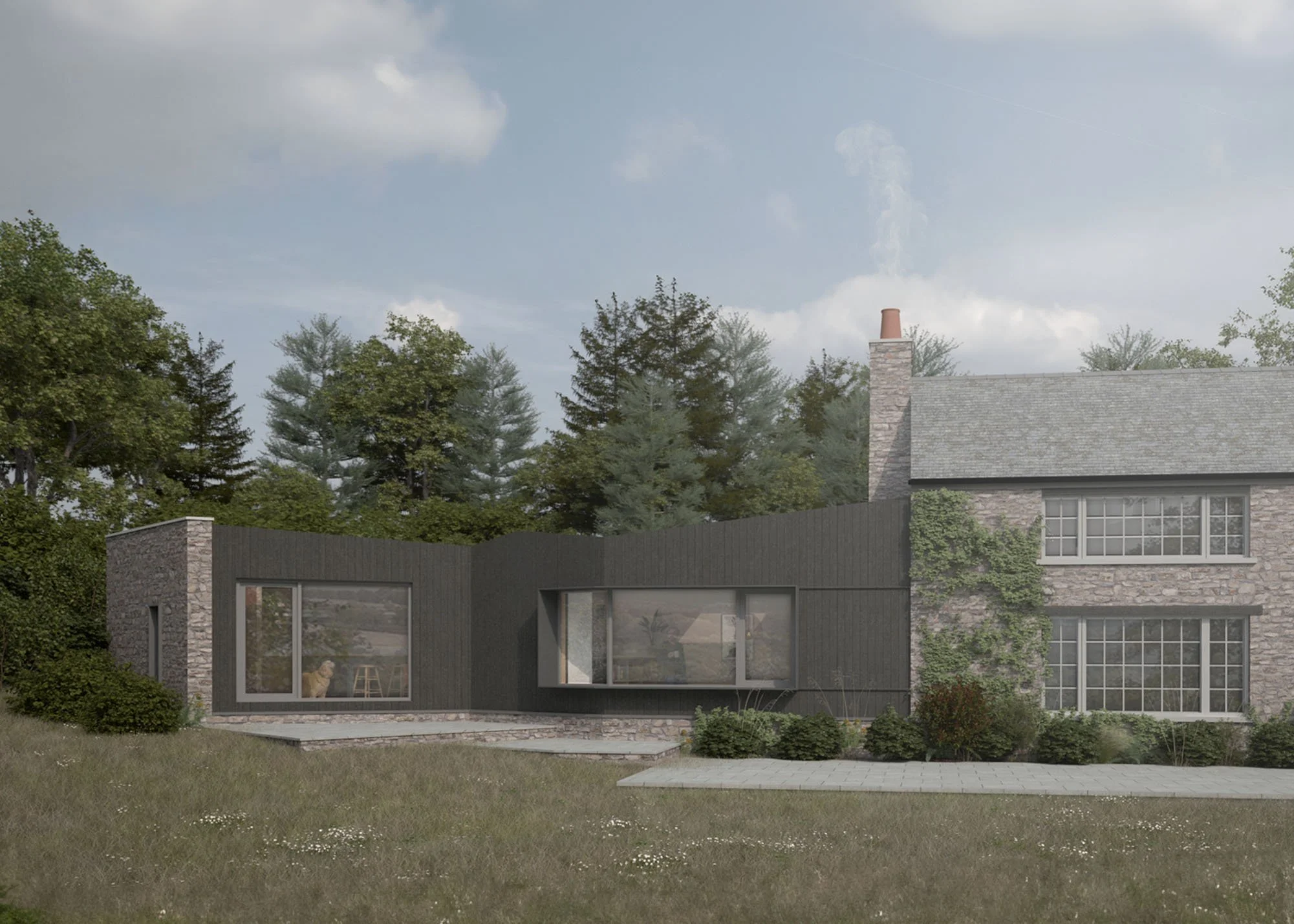 Architectural render of The Hudnalls showing a sensitive stone cottage transformation set within the Wye Valley landscape.