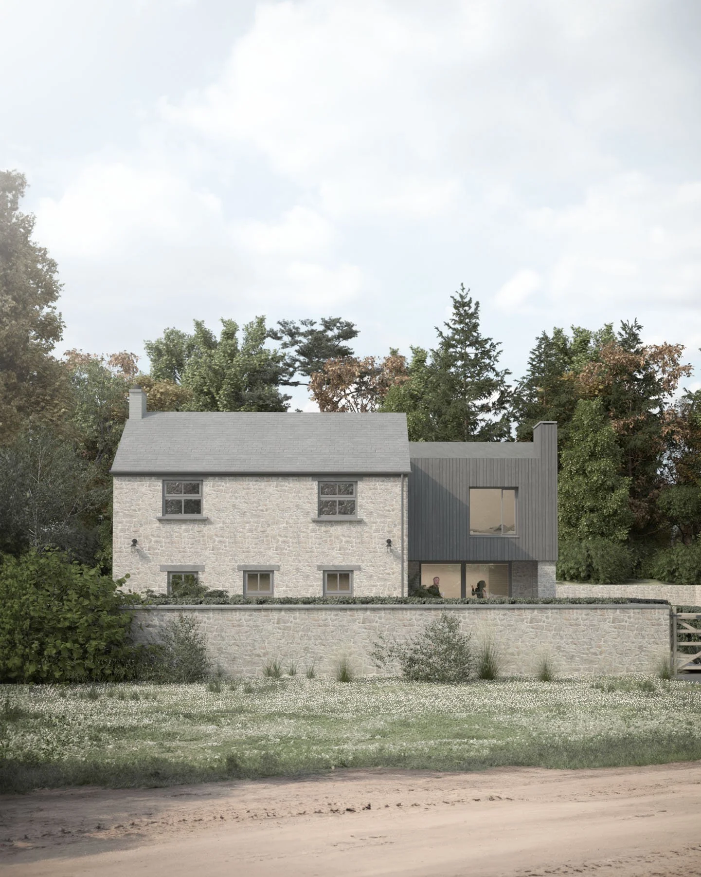 Exterior visualisation highlighting the charred timber cladding and standing seam zinc roof forming a refined modern addition to the existing cottage.