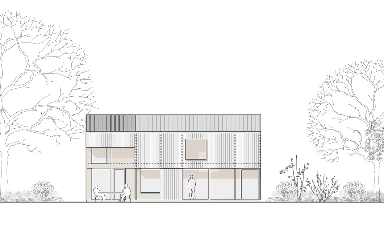 Front elevation CAD drawing of Severn Valley Touring showing the building’s primary façade in a straight orthographic view, highlighting the barn-inspired roof form, structural rhythm, and material expression across the full width of the scheme.