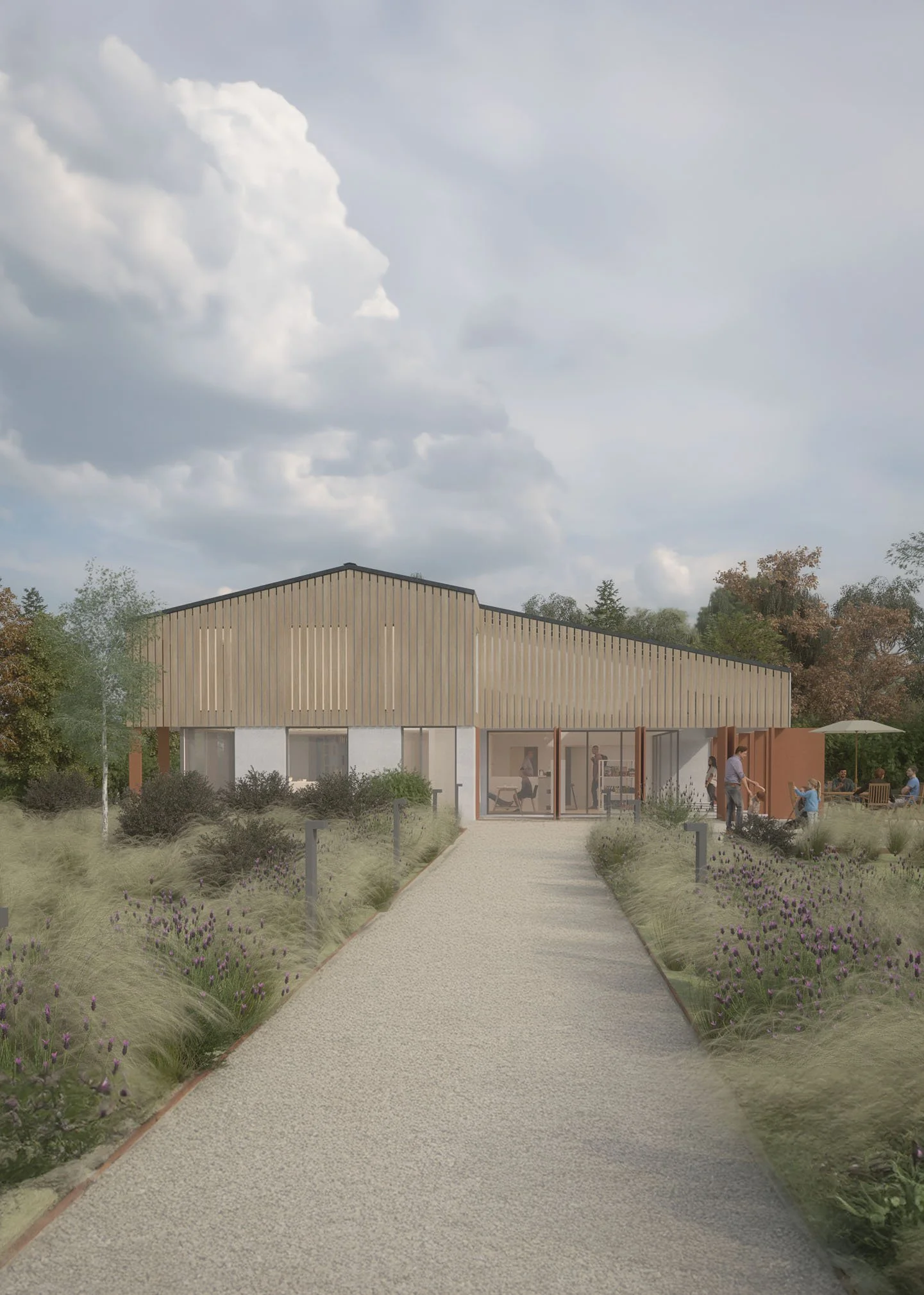Exterior visualisation of the Passivhaus rural building combining family home, café, and village shop functions.