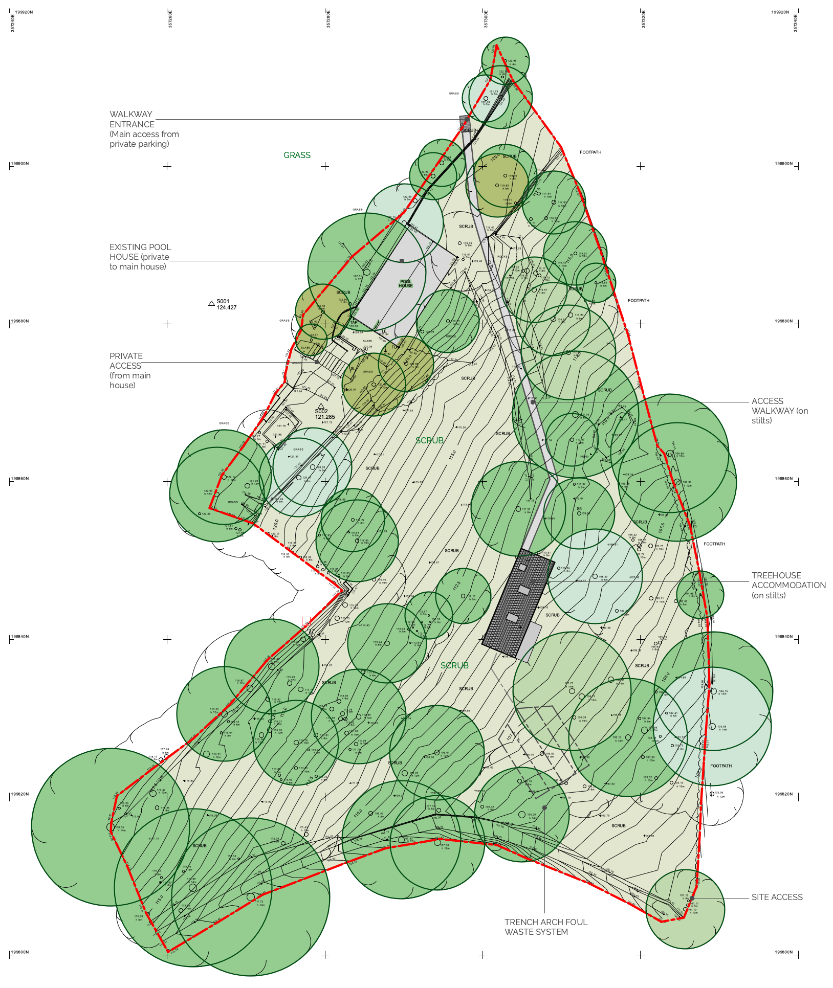 Architectural CAD concept drawing exploring the treehouse form integrated within the steep woodland landscape.