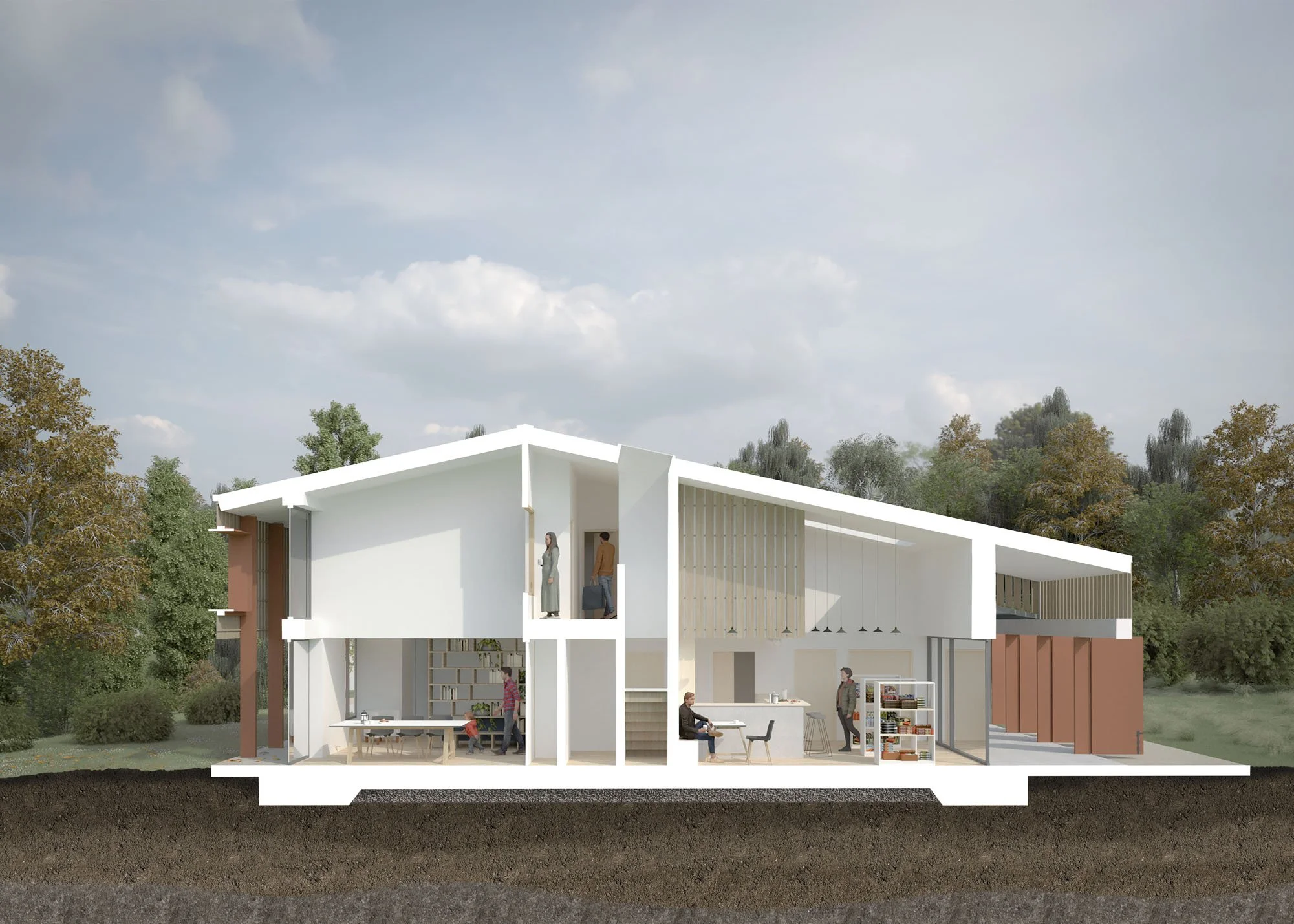 Sectional render of Severn Valley Touring showing the full building cut through to reveal its internal functions, including the family home, guest arrival spaces, café, and workspace arranged beneath the continuous barn-like roof form.
