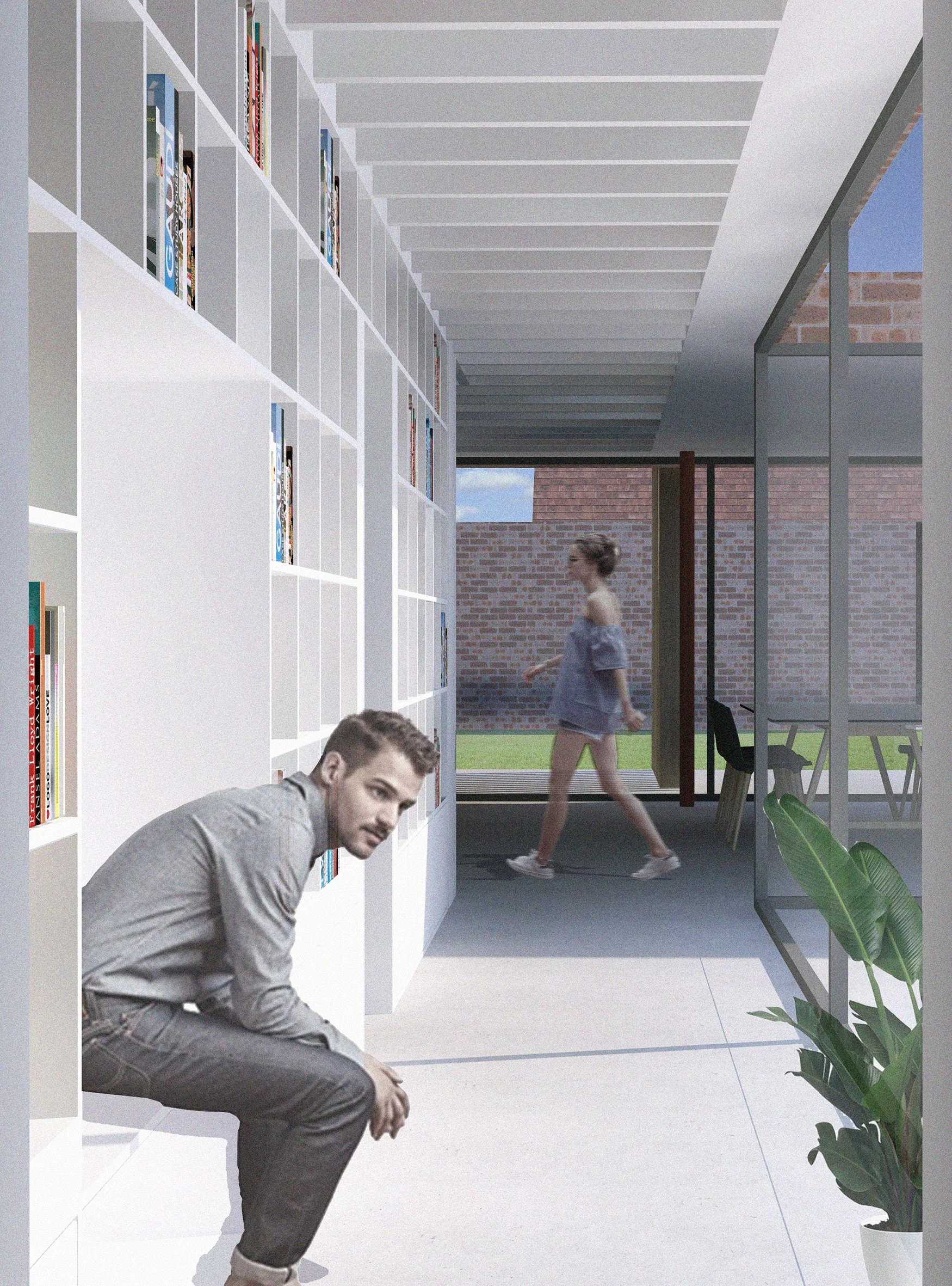 Modern hall library interior render with soft natural materials and framed landscape views.