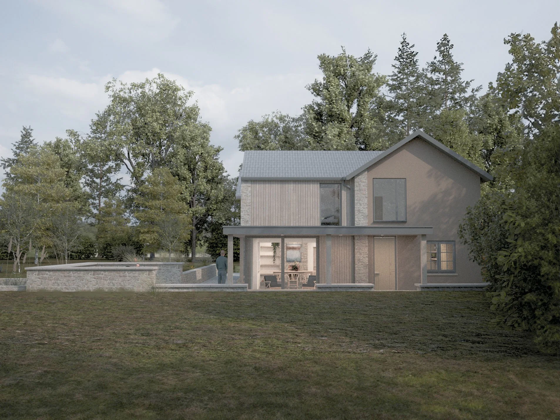 Contemporary exterior render showing the refurbished cottage with refined materials and updated architectural details.