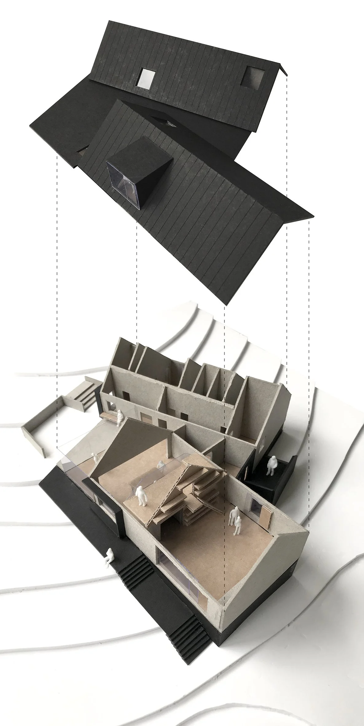 Physical architecture model of The Sunny House showing the dual gabled massing and cranked forms, used to study proportions, light, and relationship to the valley landscape.