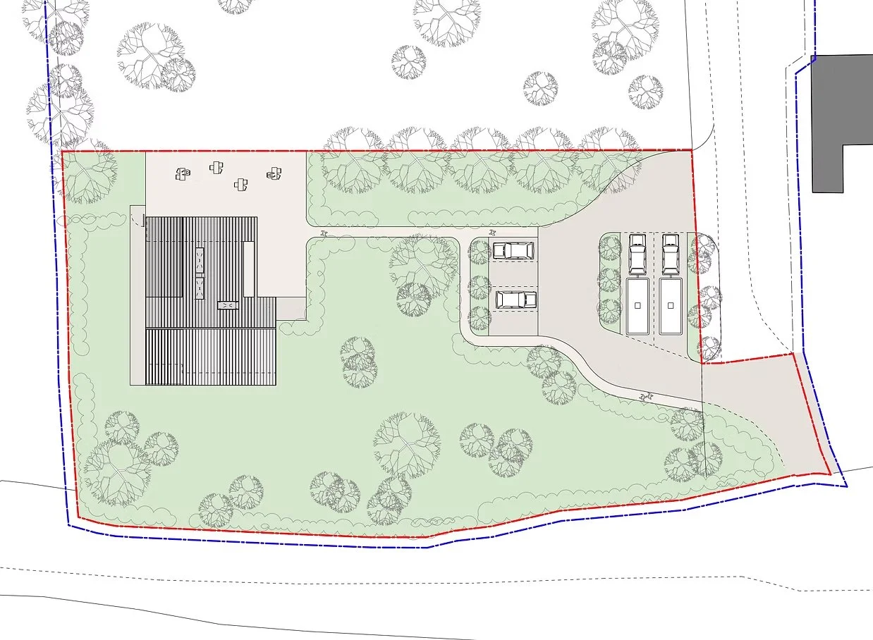 Aerial line drawing overlay showing landscape analysis and site integration within the valley context.