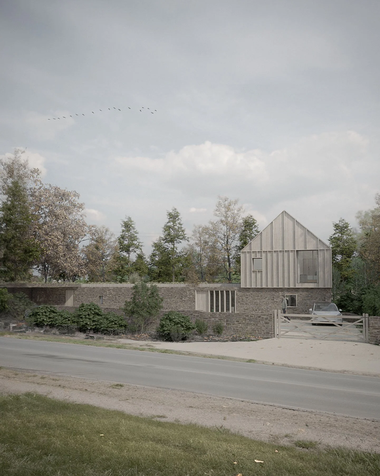 Exterior visualisation of the contemporary stone, timber, and zinc-clad home embedded into the Gloucestershire hillside.