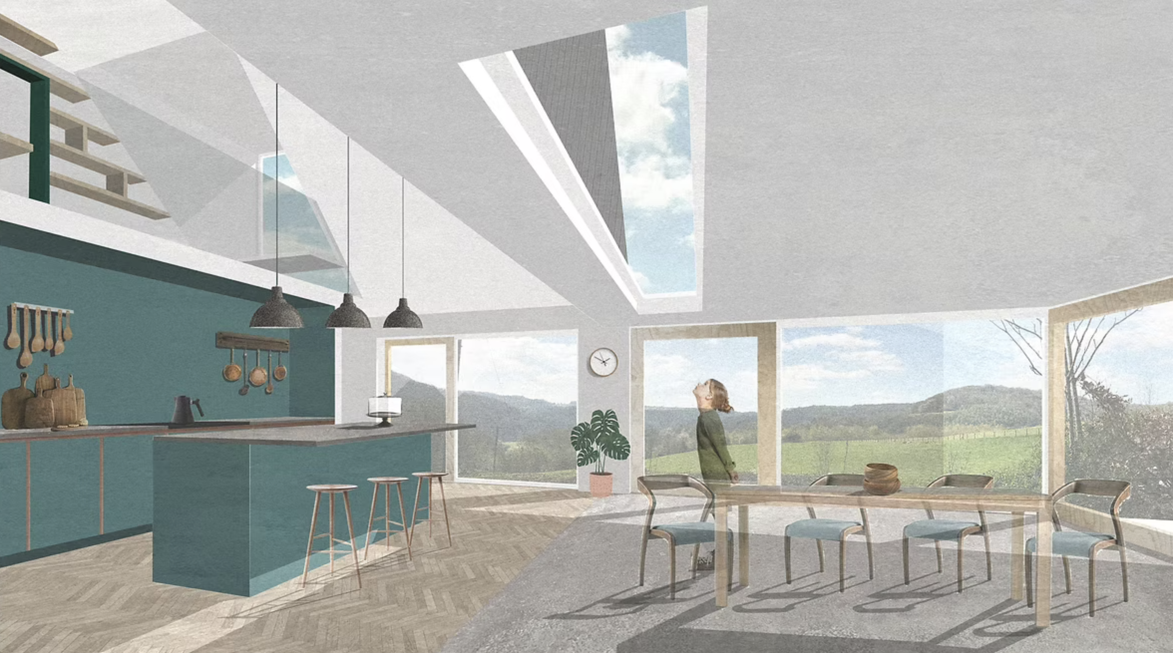 Interior visualisation of the kitchen and living space, showing a double-height timber structure with natural light entering from roof openings and framing a warm, open family environment.