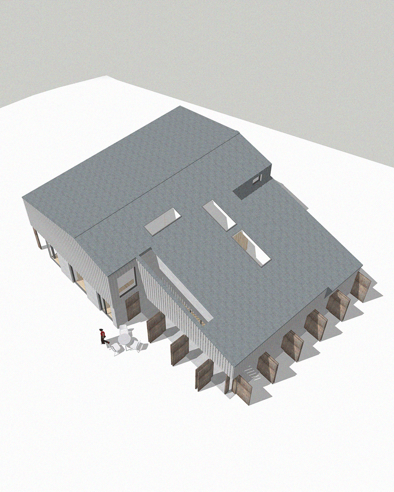 Aerial axonometric CAD drawing showing the full Severn Valley Touring building, illustrating the complete structure, roof form, internal organisation, and its relationship to the surrounding River Severn landscape.
