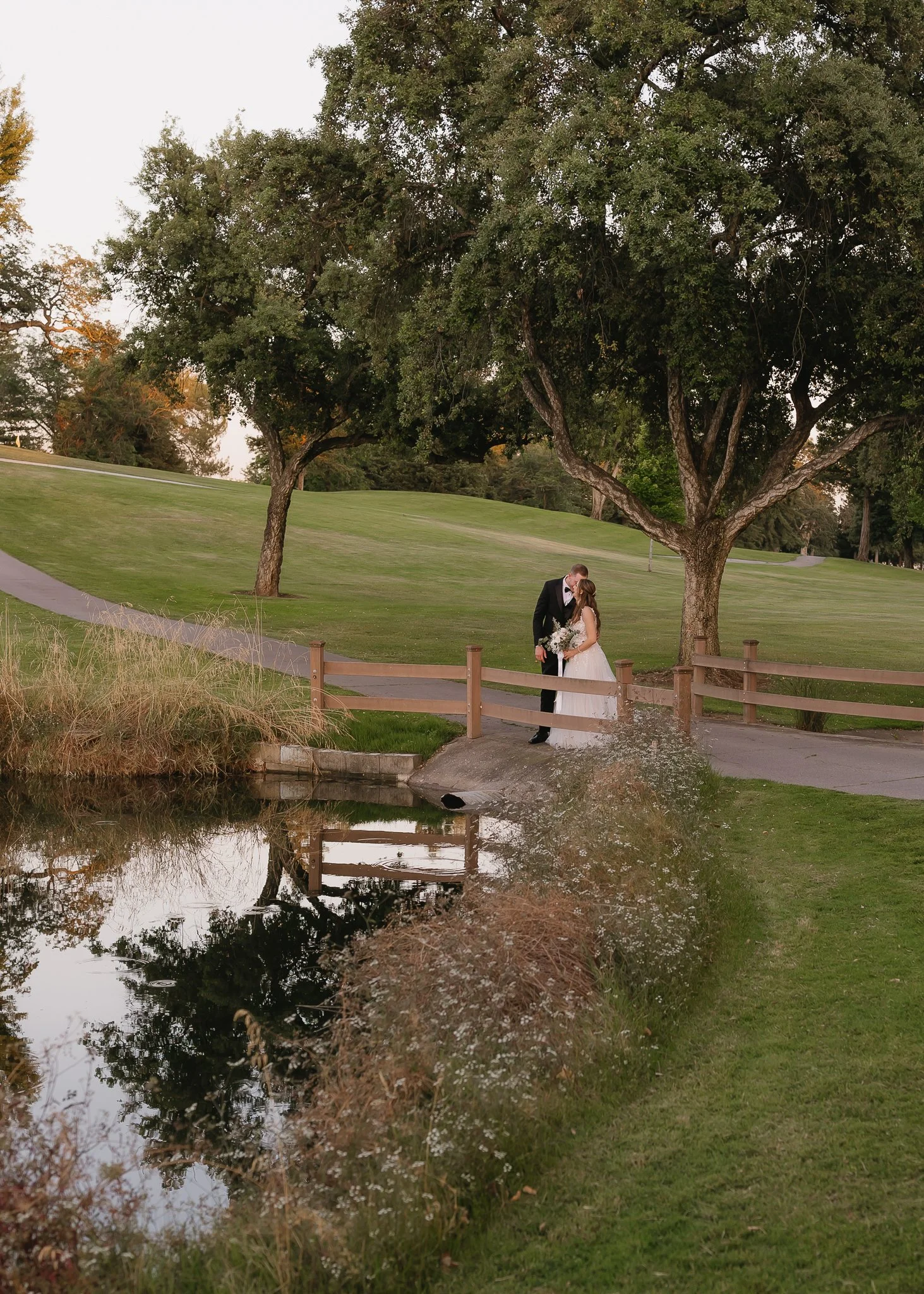 A bride and groom stand on a small bridge near a pond in a park, sharing a kiss under a large tree, with green grass and trees in the background.