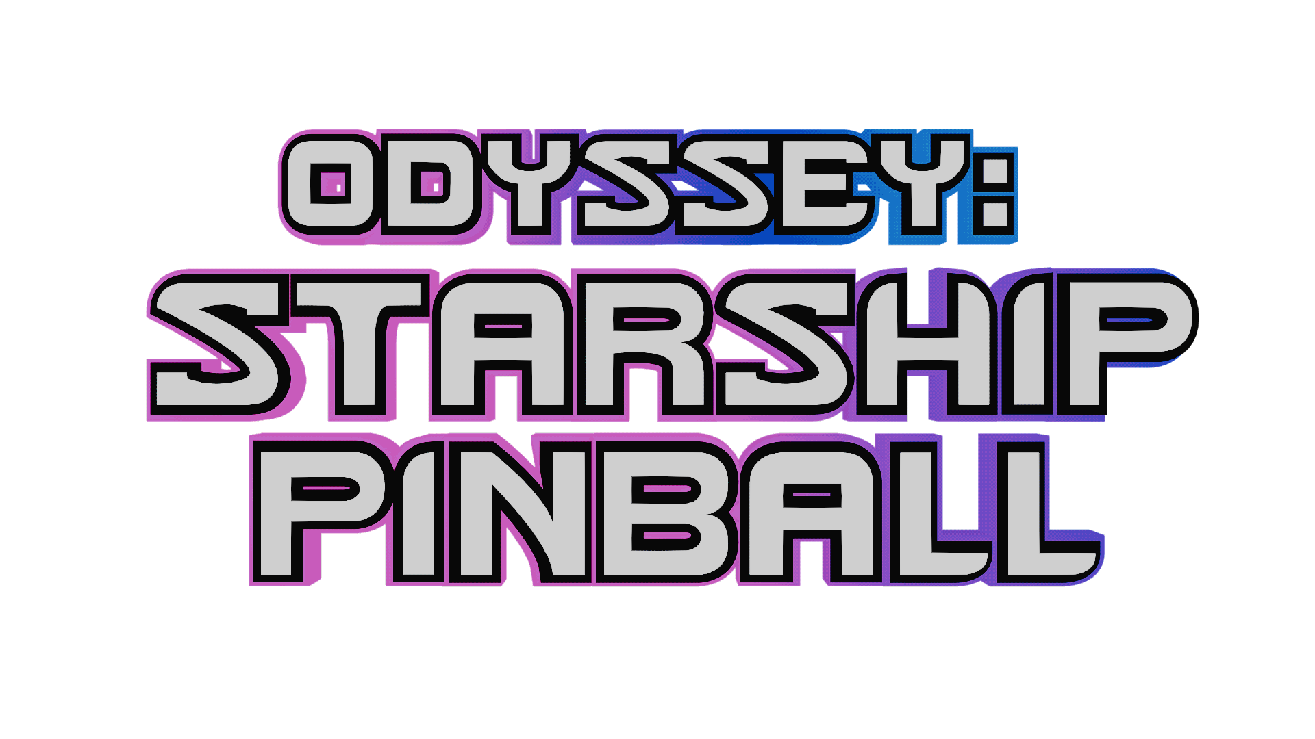 Colorful logo for Odyssey: A Starship Pinball, featuring bold, outlined text in purple, blue, and gray on a black background.
