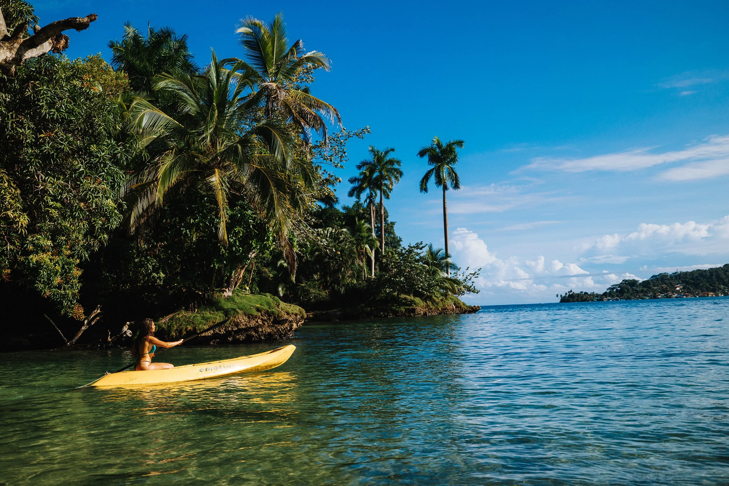 Woman kayaking in a tropical bay with lush green trees and palm trees along the shoreline, with blue sky and water.