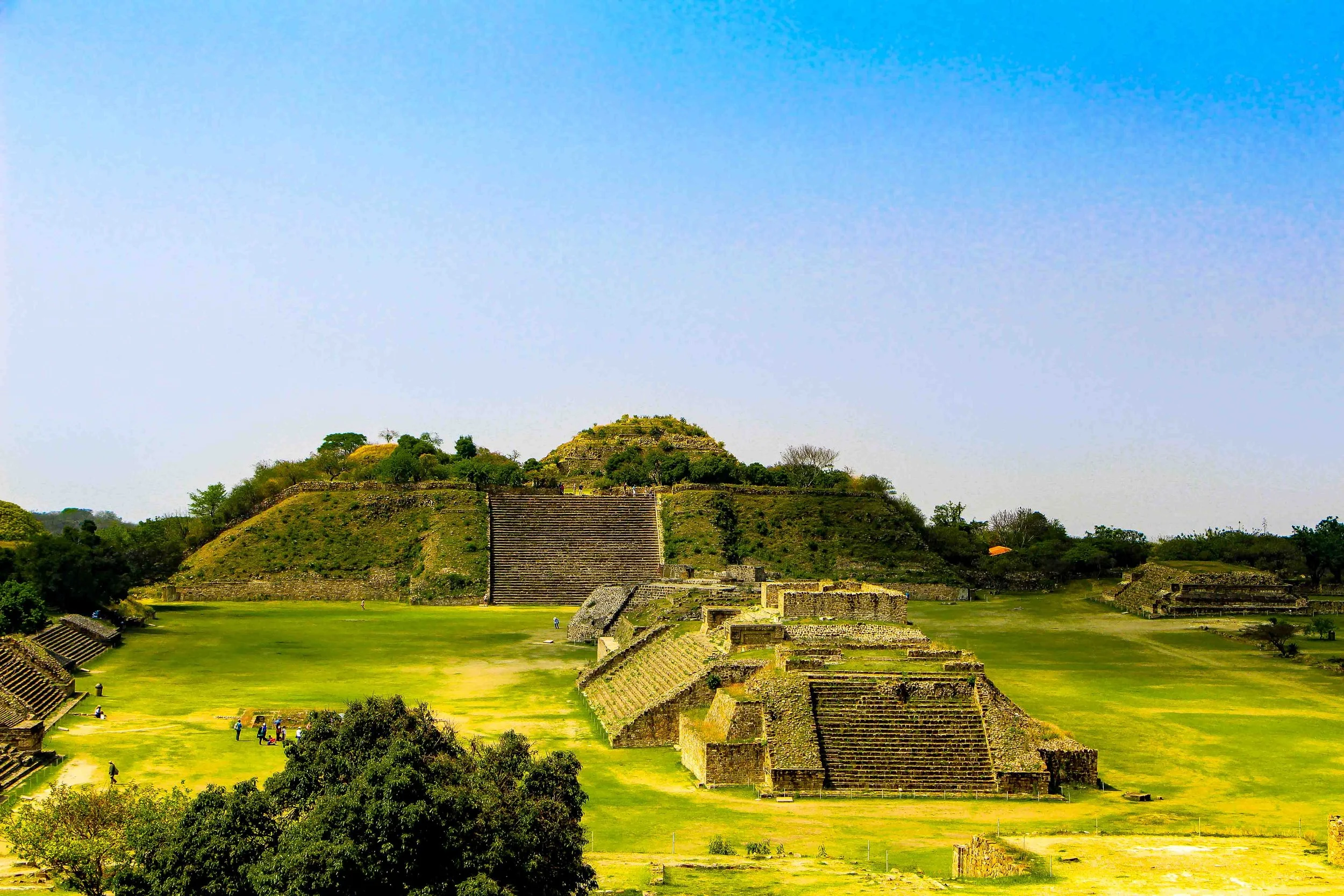 Ancient Mayan pyramid at a historical site, surrounded by grassy areas and trees under a clear blue sky.