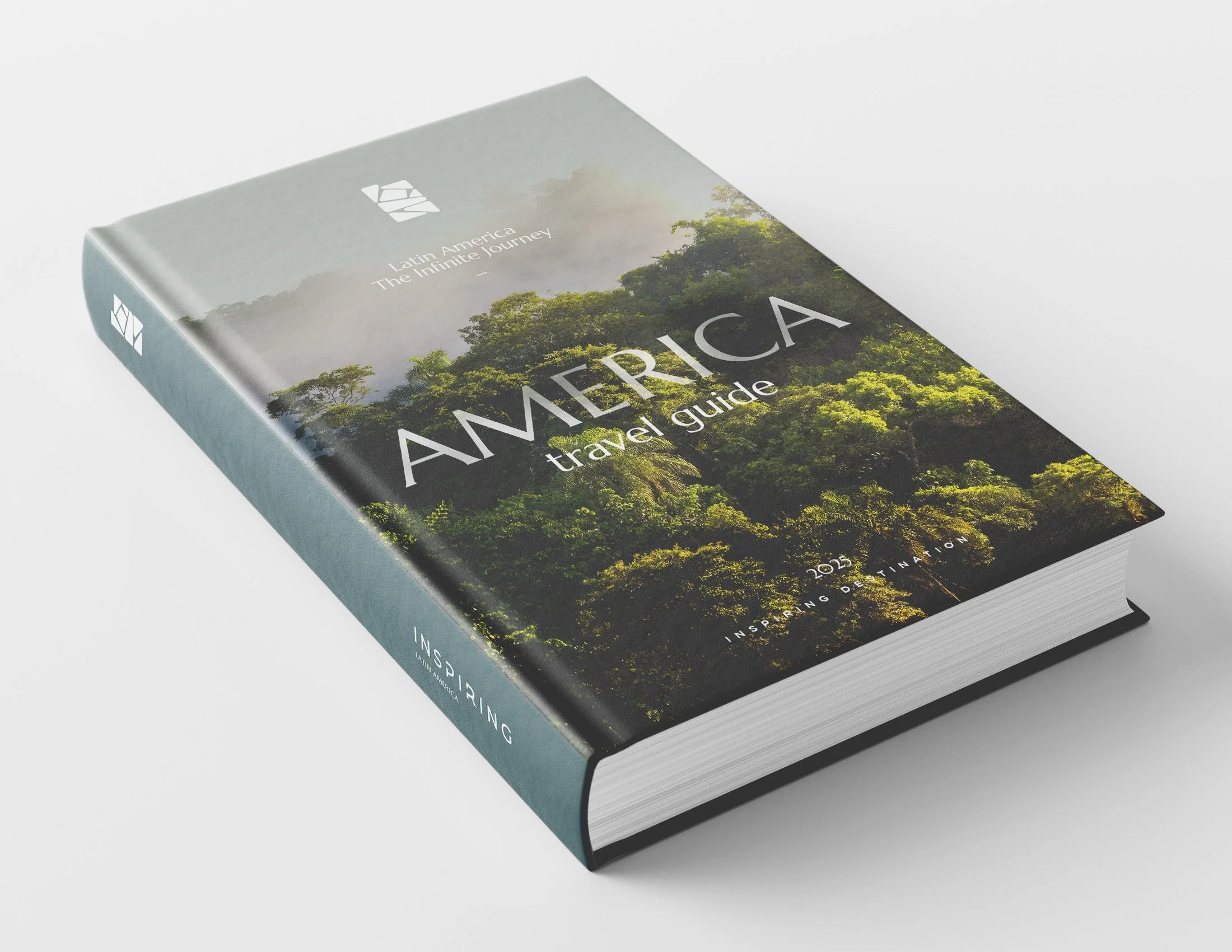 Travel guidebook titled "America: Latin America, The Infinite Journey" featuring a cover photo of lush green rainforest with trees on a hillside.