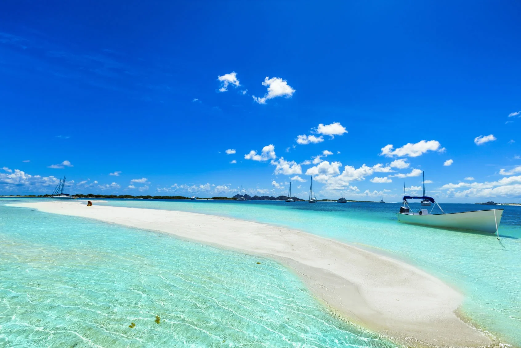 Tropical beach with white sand, turquoise water, and sailboats under a bright blue sky with scattered clouds. Los Roques, Venezuela.