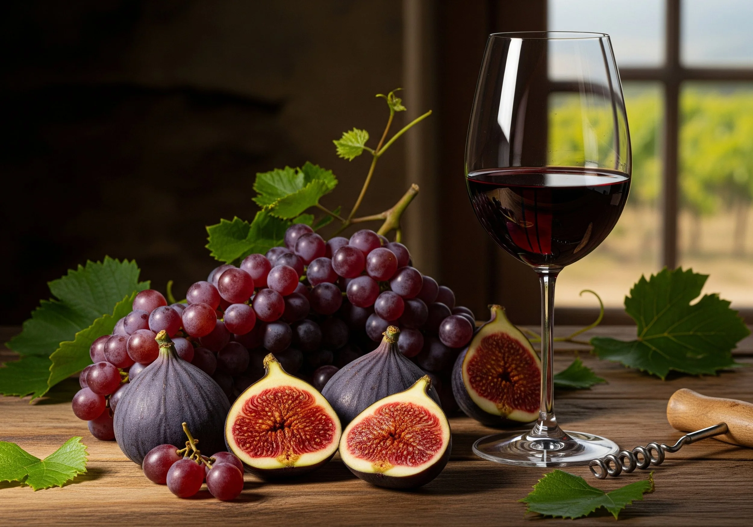 Rich red wine in a glass paired with ripe figs and grapes on a wooden table