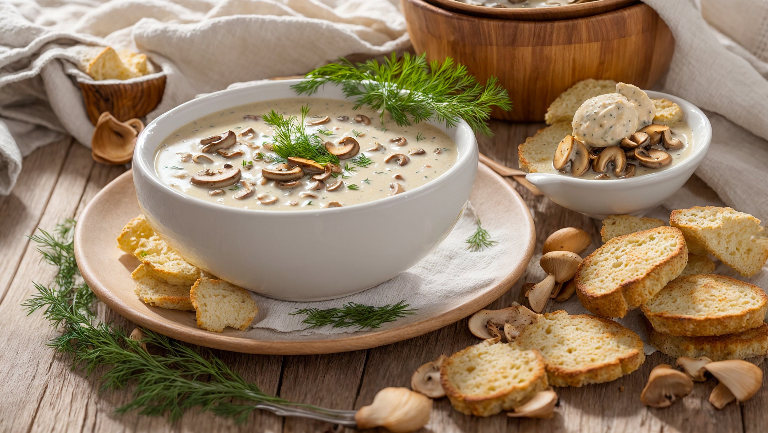 Bowls of creamy wild mushroom soup made from dehydrated wild mushrooms served with bread