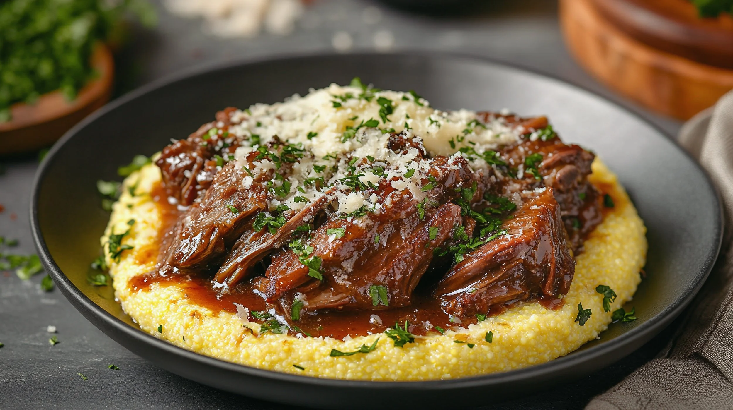 A delicious culinary creation of braised short ribs served with creamy polenta and vegetables, artfully arranged in a rustic bowl.