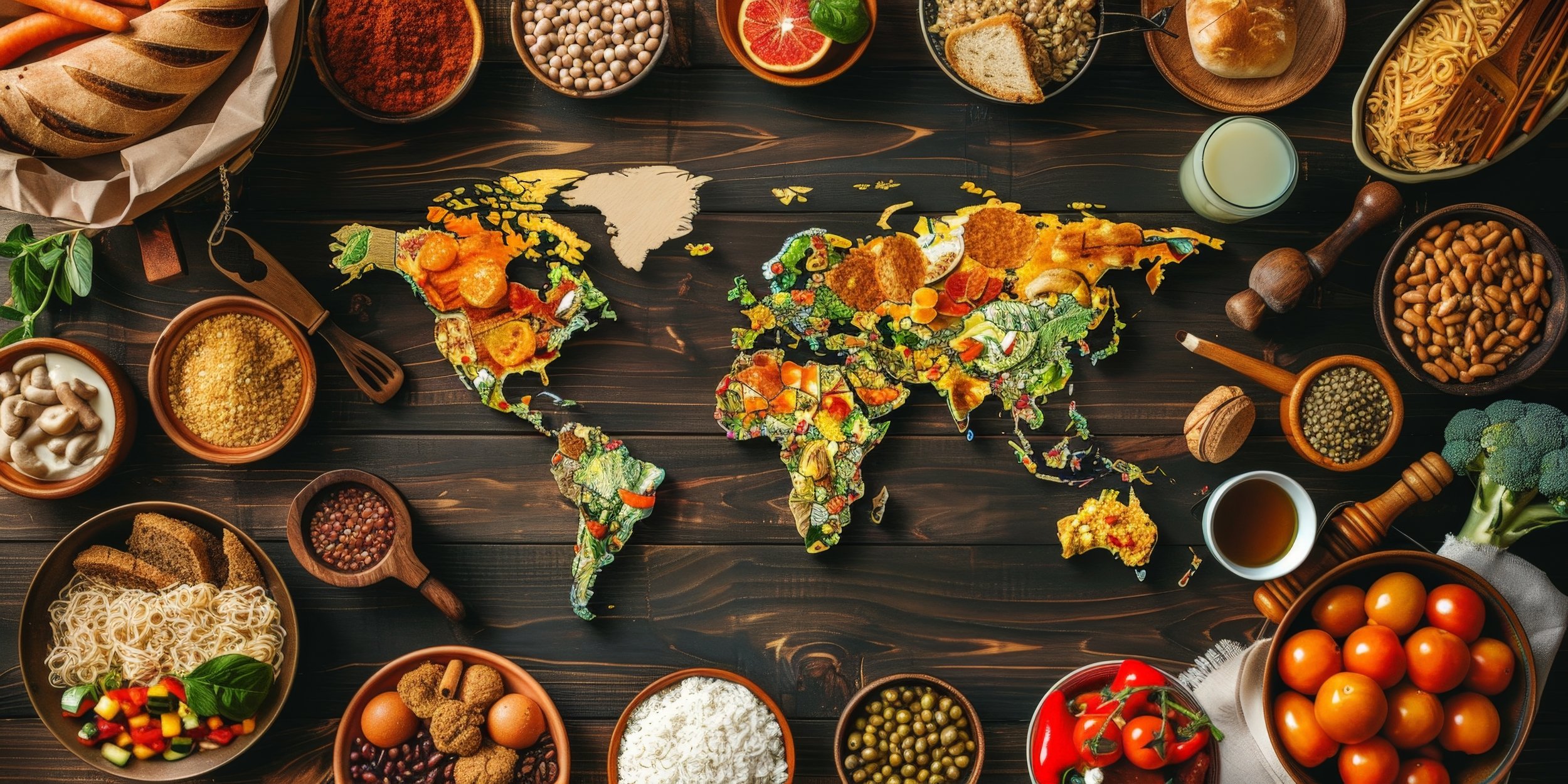 Table with a world map in the center and various foods around, concept of food from different countries