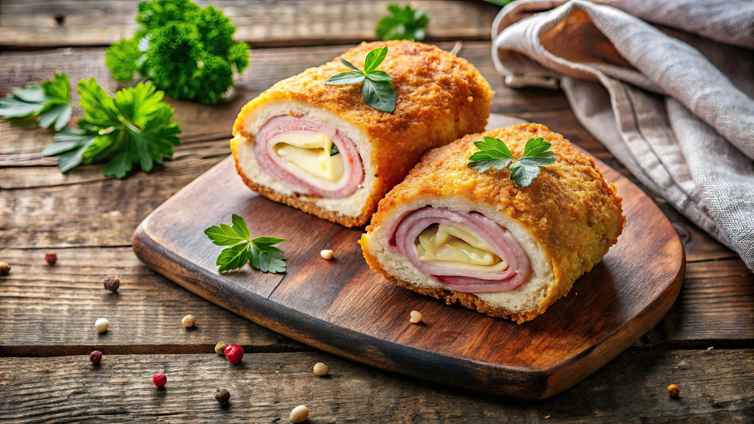Chicken cordon bleu snack with ham and cheese on rustic table top view food background, chicken, cutlet, cordon bleu, snack, ham