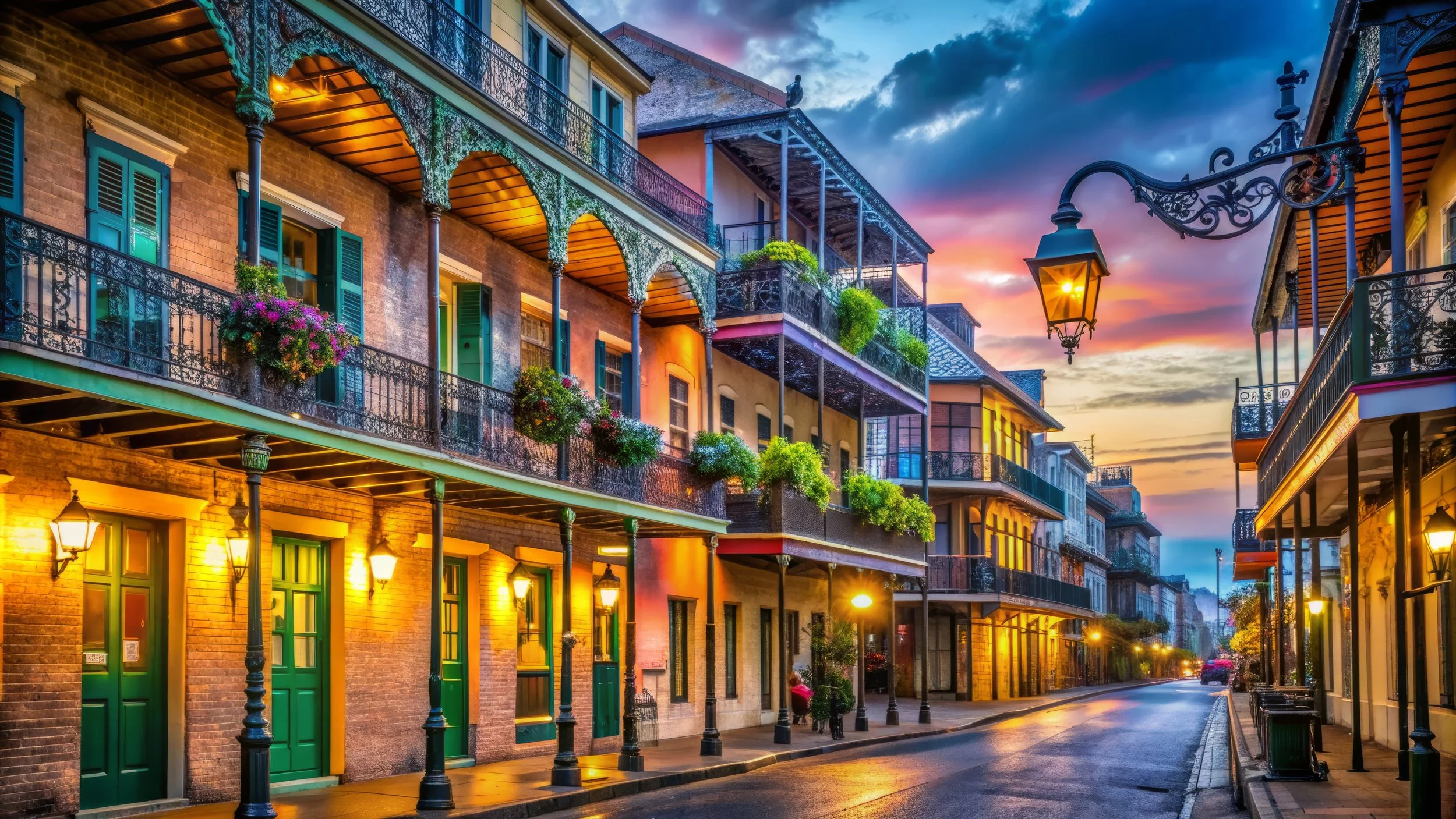 Vibrant colorful historic architecture lines Bourbon Street at dusk in New Orleans' French Quarter, adorned with ornate ironwork, balconies, and lively lanterns