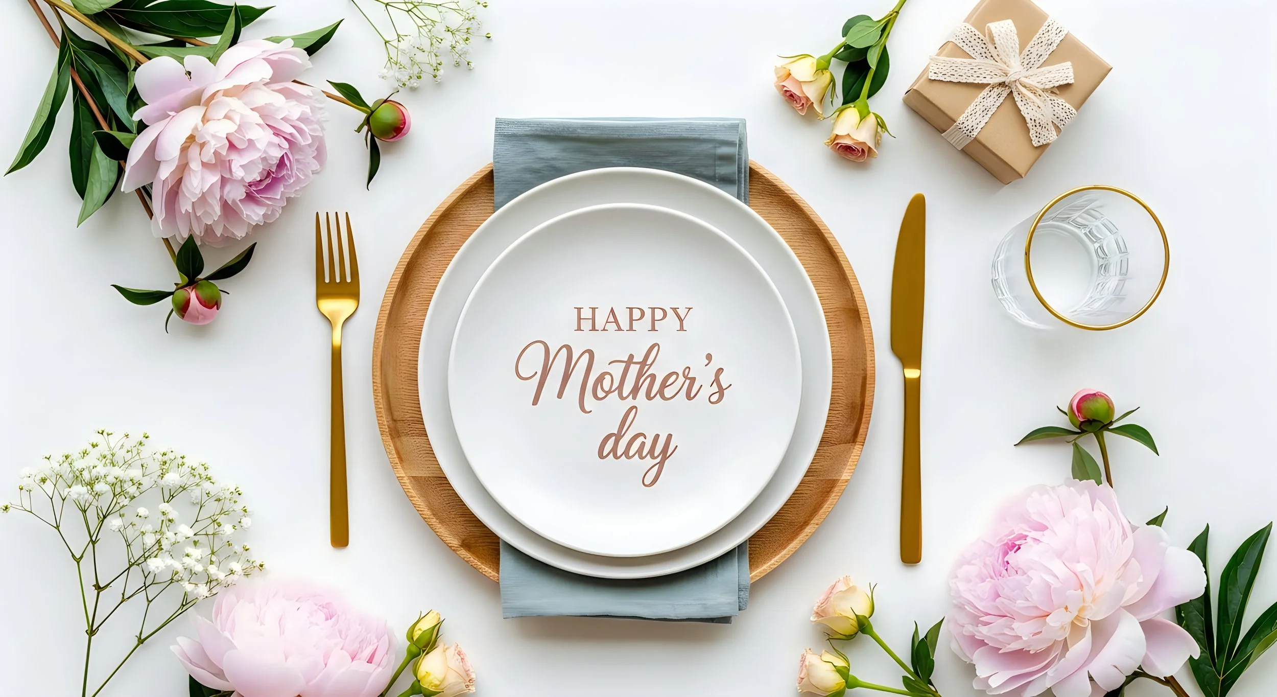 Elegant Mother's Day brunch table setting with floral decor and handwritten greeting plate
