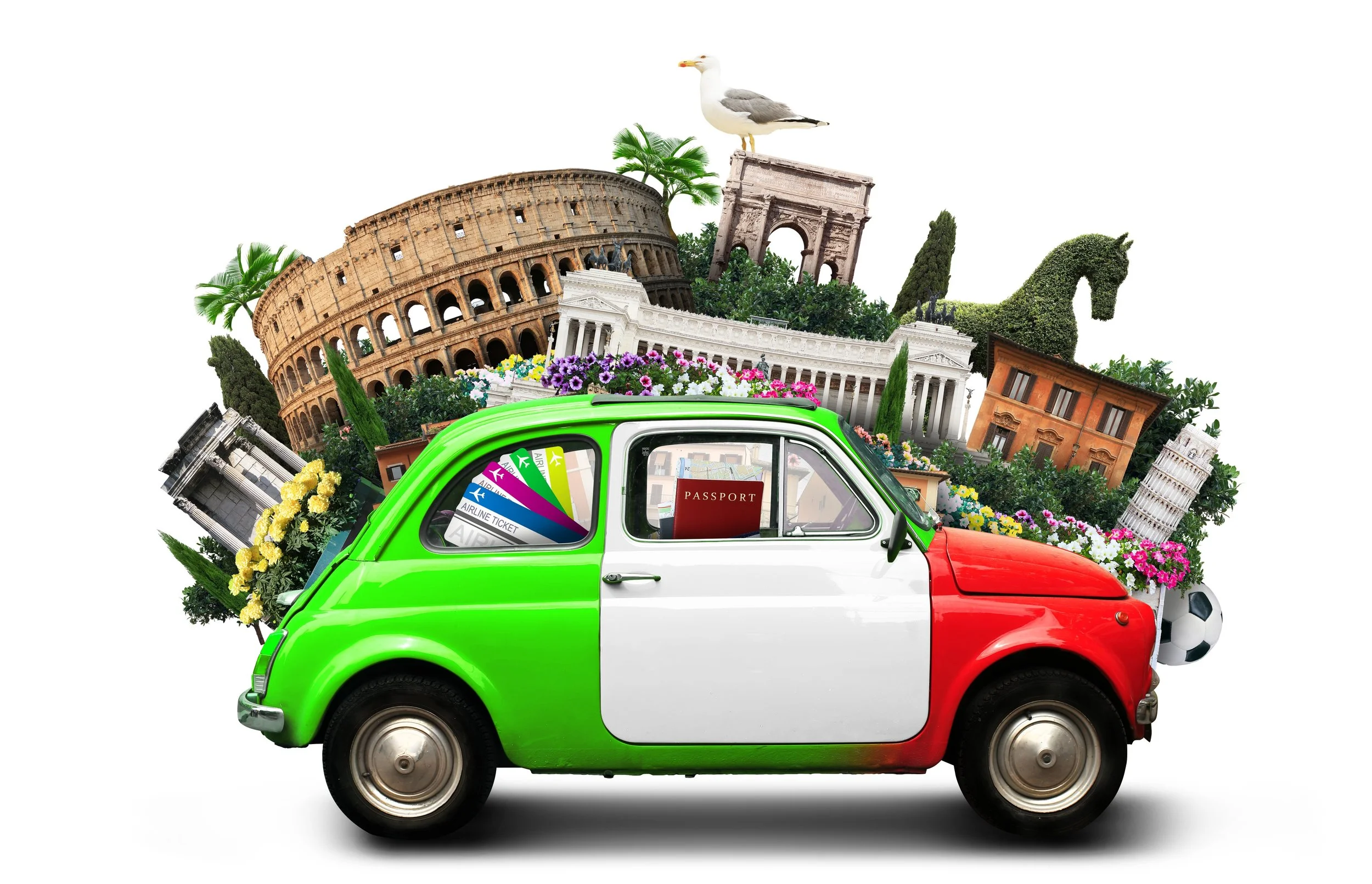 Italian colors painted on vintage Italian car with iconic monuments and places of Italy to visit